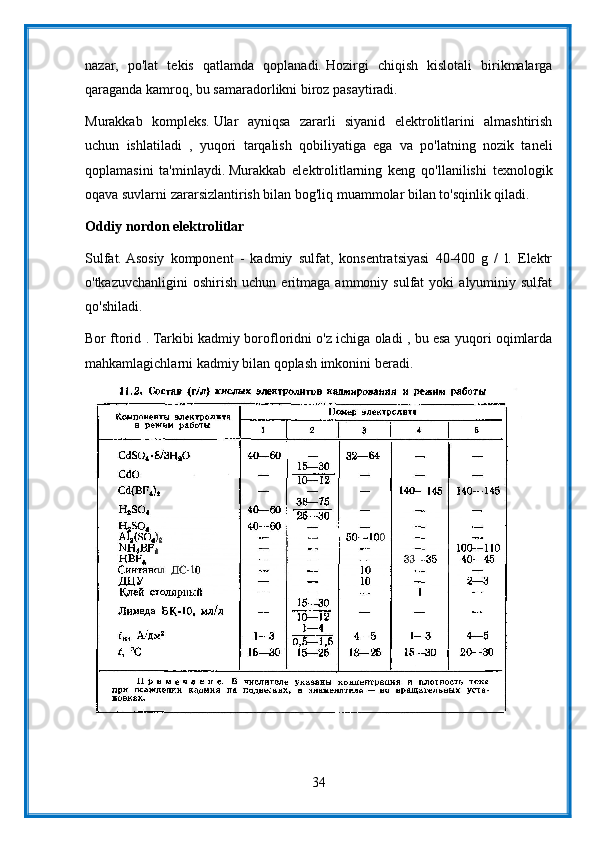 nazar,   po'lat   tekis   qatlamda   qoplanadi.   Hozirgi   chiqish   kislotali   birikmalarga
qaraganda kamroq, bu samaradorlikni biroz pasaytiradi.
Murakkab   kompleks.   Ular   ayniqsa   zararli   siyanid   elektrolitlarini   almashtirish
uchun   ishlatiladi   ,   yuqori   tarqalish   qobiliyatiga   ega   va   po'latning   nozik   taneli
qoplamasini   ta'minlaydi.   Murakkab   elektrolitlarning   keng   qo'llanilishi   texnologik
oqava suvlarni zararsizlantirish bilan bog'liq muammolar bilan to'sqinlik qiladi.
Oddiy nordon elektrolitlar
Sulfat.   Asosiy   komponent   -   kadmiy   sulfat,   konsentratsiyasi   40-400   g   /   l.   Elektr
o'tkazuvchanligini   oshirish   uchun  eritmaga   ammoniy  sulfat   yoki   alyuminiy  sulfat
qo'shiladi.
Bor ftorid .   Tarkibi kadmiy borofloridni o'z ichiga oladi , bu esa yuqori oqimlarda
mahkamlagichlarni kadmiy bilan qoplash imkonini beradi.
34