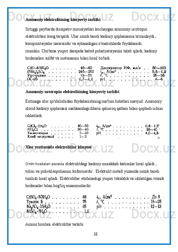 Ammoniy elektrolitining kimyoviy tarkibi
So'nggi paytlarda dissipativ xususiyatlari kuchaygan ammoniy-urotropin 
elektrolitlari keng tarqaldi.   Ular nozik taneli kadmiy qoplamasini ta'minlaydi , 
kompozitsiyalar zararsizdir va aylanadigan o'rnatishlarda foydalanish 
mumkin.   Cho'kma yuqori darajada katod polarizatsiyasini talab qiladi; kadmiy 
birikmalari sulfat va metenamin bilan hosil bo'ladi.
Ammoniy-urotropin elektrolitining kimyoviy tarkibi
Eritmaga xlor qo'shilishidan foydalanishning ma'lum holatlari mavjud.   Ammoniy 
xlorid kadmiy qoplamasi mahkamlagichlarni qalinroq qatlam bilan qoplash uchun 
ishlatiladi.
Xlor yordamida elektrolitlar kimyosi
Omin hosilalari asosida  elektrolitdagi kadmiy murakkab kationlar hosil qiladi , 
trilon va polietilenpoliamin koformerdir .   Elektrolit metall yuzasida nozik taneli 
tuzilish hosil qiladi.   Elektrolitlar etishmasligi yuqori toksiklik va ishlatilgan texnik 
birikmalar bilan bog'liq muammolardir.
Amino hosilasi elektrolitlar tarkibi
38 