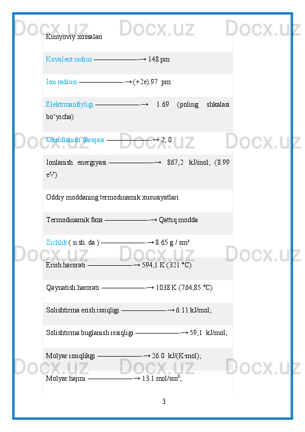 Kimyoviy xossalari
Kovalent radius   ——————-→ 148 pm
Ion radiusi   ——————-→ (+2e) 97    pm
Elektrmanfiyligi   ——————-→   1.69   (poling   shkalasi
bo‘yicha)
Oksidlanish darajasi   ——————-→ 2, 0
Ionlanish   energiyasi   ——————-→     867,2     kJ/mol;   (8.99
eV)
Oddiy moddaning termodinamik xususiyatlari
Termodinamik faza   ——————-→ Qattiq modda
Zichlik   (   n.sh.   da   )   ——————-→ 8.65 g / sm³
Erish harorati   ——————-→ 594,1 K (321 °C)
Qaynatish harorati   ——————-→ 1038 K (764,85 °C)
Solishtirma erish issiqligi   ——————-→ 6.11 kJ/mol;
Solishtirma buglanish issiqligi   ——————-→ 59,1    kJ/mol;
Molyar issiqlikgi   ——————-→ 26.0    kJ/(K∙mol);
Molyar hajmi   ——————-→ 13.1 mol/sm 3
;
3