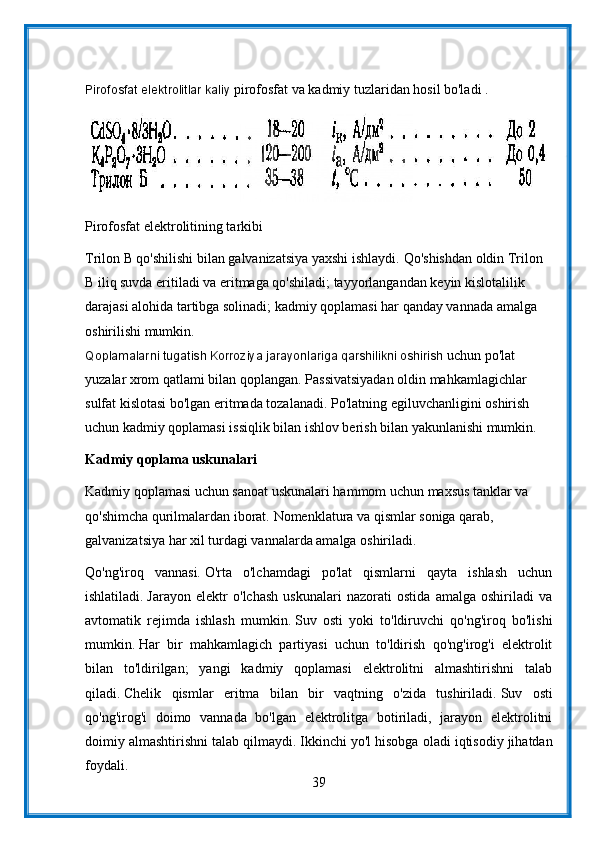 Pirofosfat elektrolitlar kaliy  pirofosfat va kadmiy tuzlaridan hosil bo'ladi .
Pirofosfat elektrolitining tarkibi
Trilon B qo'shilishi bilan galvanizatsiya yaxshi ishlaydi.   Qo'shishdan oldin Trilon 
B iliq suvda eritiladi va eritmaga qo'shiladi; tayyorlangandan keyin kislotalilik 
darajasi alohida tartibga solinadi; kadmiy qoplamasi har qanday vannada amalga 
oshirilishi mumkin. 
Qoplamalarni tugatish Korroziya jarayonlariga qarshilikni oshirish  uchun po'lat 
yuzalar xrom qatlami bilan qoplangan.   Passivatsiyadan oldin mahkamlagichlar 
sulfat kislotasi bo'lgan eritmada tozalanadi.   Po'latning egiluvchanligini oshirish 
uchun kadmiy qoplamasi issiqlik bilan ishlov berish bilan yakunlanishi mumkin.
Kadmiy qoplama uskunalari
Kadmiy qoplamasi uchun sanoat uskunalari hammom uchun maxsus tanklar va 
qo'shimcha qurilmalardan iborat.   Nomenklatura va qismlar soniga qarab, 
galvanizatsiya har xil turdagi vannalarda amalga oshiriladi.
Qo'ng'iroq   vannasi.   O'rta   o'lchamdagi   po'lat   qismlarni   qayta   ishlash   uchun
ishlatiladi.   Jarayon   elektr   o'lchash   uskunalari   nazorati   ostida   amalga   oshiriladi   va
avtomatik   rejimda   ishlash   mumkin.   Suv   osti   yoki   to'ldiruvchi   qo'ng'iroq   bo'lishi
mumkin.   Har   bir   mahkamlagich   partiyasi   uchun   to'ldirish   qo'ng'irog'i   elektrolit
bilan   to'ldirilgan;   yangi   kadmiy   qoplamasi   elektrolitni   almashtirishni   talab
qiladi.   Chelik   qismlar   eritma   bilan   bir   vaqtning   o'zida   tushiriladi.   Suv   osti
qo'ng'irog'i   doimo   vannada   bo'lgan   elektrolitga   botiriladi,   jarayon   elektrolitni
doimiy almashtirishni talab qilmaydi.   Ikkinchi yo'l hisobga oladi iqtisodiy jihatdan
foydali.
39