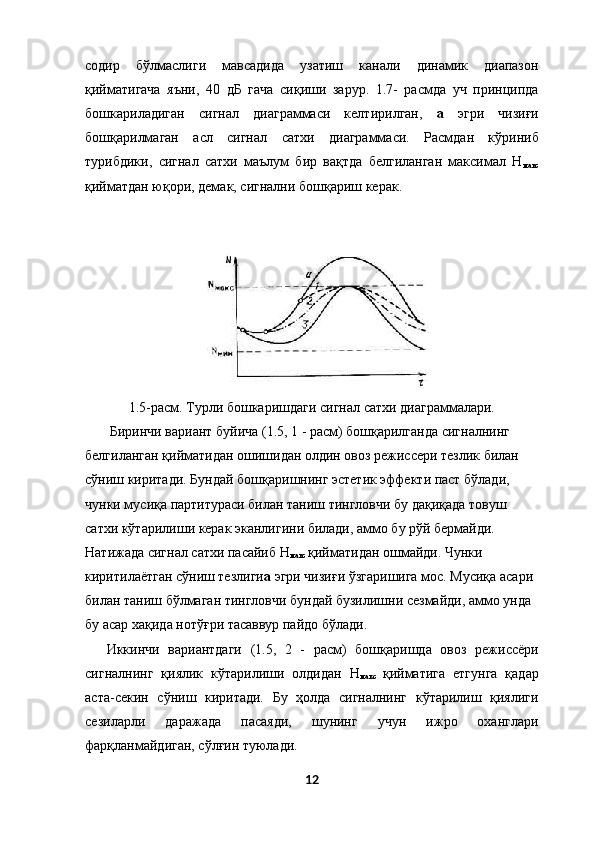 содир   бўлмаслиги   мавсадида   узатиш   канали   динамик   диапазон
қийматигача   яъни,   40   дБ   гача   сиқиши   зарур.   1.7-   расмда   уч   принципда
бошкариладиган   сигнал   диаграммаси   келтирилган,   а   эгри   чизиғи
бошқарилмаган   асл   сигнал   сатхи   диаграммаси.   Расмдан   кўриниб
турибдики,   сигнал   сатхи   маълум   бир   вақтда   белгиланган   максимал   Н
макс
қийматдан юқори, демак, сигнални бошқариш керак. 
 
 
 
1.5-расм. Турли бошкаришдаги сигнал сатхи диаграммалари. 
 Биринчи вариант буйича (1.5, 1 - расм) бошқарилганда сигналнинг 
белгиланган қийматидан ошишидан олдин овоз режиссери тезлик билан 
сўниш киритади. Бундай бошқаришнинг эстетик эффекти паст бўлади, 
чунки мусиқа партитураси билан таниш тингловчи бу дақиқада товуш 
сатхи кўтарилиши керак эканлигини билади, аммо бу рўй бермайди. 
Натижада сигнал сатхи пасайиб Н
макс  қийматидан ошмайди. Чунки 
киритилаётган сўниш тезлиги а  эгри чизиғи ўзгаришига мос. Мусиқа асари 
билан таниш бўлмаган тингловчи бундай бузилишни сезмайди, аммо унда 
бу асар хақида нотўғри тасаввур пайдо бўлади. 
Иккинчи   вариантдаги   (1.5,   2   -   расм)   бошқаришда   овоз   режиссёри
сигналнинг   қиялик   кўтарилиши   олдидан   Н
макс   қийматига   етгунга   қадар
аста-секин   сўниш   киритади.   Бу   ҳолда   сигналнинг   кўтарилиш   қиялиги
сезиларли   даражада   пасаяди,   шунинг   учун   ижро   оханглари
фарқланмайдиган, сўлғин туюлади. 
12  
  