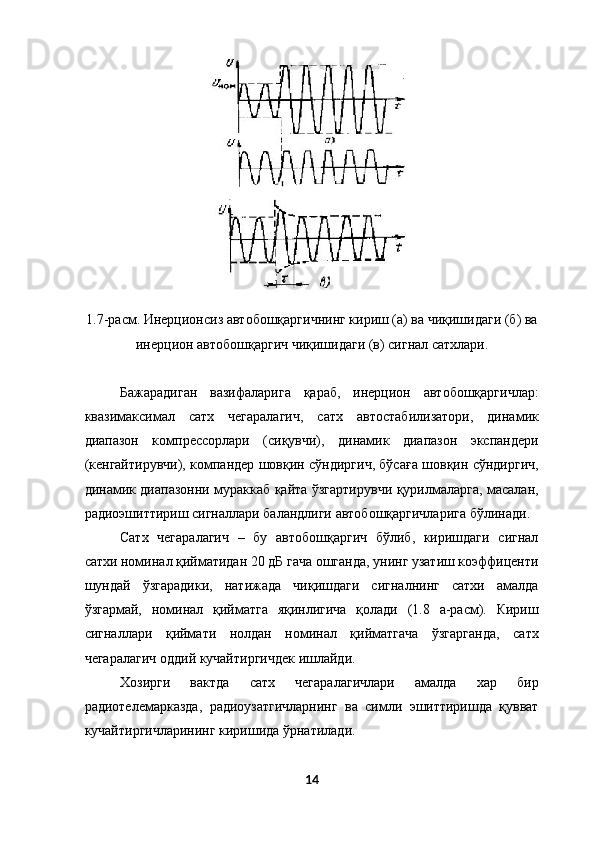  
1.7-расм. Инерционсиз автобошқаргичнинг кириш (а) ва чиқишидаги (б) ва
инерцион автобошқаргич чиқишидаги (в) сигнал сатхлари. 
 
Бажарадиган   вазифаларига   қараб,   инерцион   автобошқаргичлар:
квазимаксимал   сатх   чегаралагич,   сатх   автостабилизатори,   динамик
диапазон   компрессорлари   (сиқувчи),   динамик   диапазон   экспандери
(кенгайтирувчи), компандер шовқин сўндиргич, бўсаға шовқин сўндиргич,
динамик диапазонни мураккаб қайта ўзгартирувчи қурилмаларга, масалан,
радиоэшиттириш сигналлари баландлиги автобошқаргичларига бўлинади. 
Сатх   чегаралагич   –   бу   автобошқаргич   бўлиб,   киришдаги   сигнал
сатхи номинал қийматидан 20 дБ гача ошганда, унинг узатиш коэффиценти
шундай   ўзгарадики,   натижада   чиқишдаги   сигналнинг   сатхи   амалда
ўзгармай,   номинал   қийматга   яқинлигича   қолади   (1.8   а-расм).   Кириш
сигналлари   қиймати   нолдан   номинал   қийматгача   ўзгарганда,   сатх
чегаралагич оддий кучайтиргичдек ишлайди. 
Хозирги   вактда   сатх   чегаралагичлари   амалда   хар   бир
радиотелемарказда,   радиоузатгичларнинг   ва   симли   эшиттиришда   қувват
кучайтиргичларининг киришида ўрнатилади. 
 
14  
    