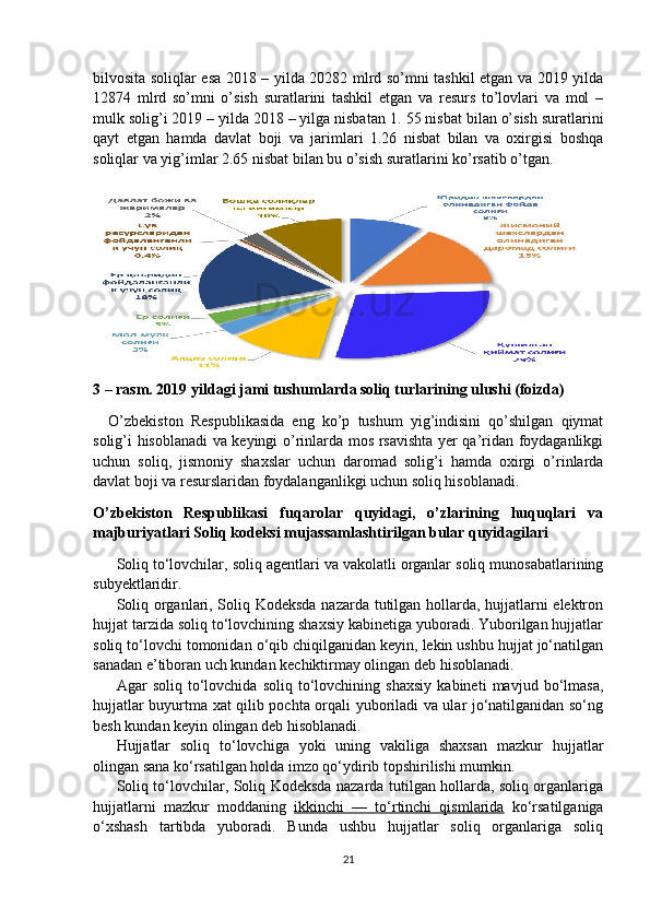 bilvosita soliqlar esa 2018 – yilda 20282 mlrd so’mni tashkil etgan va 2019 yilda
12874   mlrd   so’mni   o’sish   suratlarini   tashkil   etgan   va   resurs   to’lovlari   va   mol   –
mulk solig’i 2019 – yilda 2018 – yilga nisbatan 1.   55 nisbat bilan o’sish suratlarini
qayt   etgan   hamda   davlat   boji   va   jarimlari   1.26   nisbat   bilan   va   oxirgisi   boshqa
soliqlar va yig’imlar 2.65 nisbat bilan bu o’sish suratlarini ko’rsatib o’tgan.  
3 – rasm. 2019 yildagi jami tushumlarda soliq turlarining ulushi (foizda)
O’zbekiston   Respublikasida   eng   ko’p   tushum   yig’indisini   qo’shilgan   qiymat
solig’i hisoblanadi va keyingi o’rinlarda mos rsavishta yer qa’ridan foydaganlikgi
uchun   soliq,   jismoniy   shaxslar   uchun   daromad   solig’i   hamda   oxirgi   o’rinlarda
davlat boji va resurslaridan foydalanganlikgi uchun soliq hisoblanadi. 
O’zbekiston   Respublikasi   fuqarolar   quyidagi,   o’zlarining   huquqlari   va
majburiyatlari Soliq kodeksi mujassamlashtirilgan bular quyidagilari
Soliq to‘lovchilar, soliq agentlari va vakolatli organlar soliq munosabatlarining
subyektlaridir.
Soliq organlari, Soliq Kodeksda nazarda tutilgan hollarda, hujjatlarni elektron
hujjat tarzida soliq to‘lovchining shaxsiy kabinetiga yuboradi. Yuborilgan hujjatlar
soliq to‘lovchi tomonidan o‘qib chiqilganidan keyin, lekin ushbu hujjat jo‘natilgan
sanadan e’tiboran uch kundan kechiktirmay olingan deb hisoblanadi. 
Agar   soliq   to‘lovchida   soliq   to‘lovchining   shaxsiy   kabineti   mavjud   bo‘lmasa,
hujjatlar buyurtma xat qilib pochta orqali yuboriladi va ular jo‘natilganidan so‘ng
besh kundan keyin olingan deb hisoblanadi.
Hujjatlar   soliq   to‘lovchiga   yoki   uning   vakiliga   shaxsan   mazkur   hujjatlar
olingan sana ko‘rsatilgan holda imzo qo‘ydirib topshirilishi mumkin.
Soliq to‘lovchilar, Soliq Kodeksda nazarda tutilgan hollarda, soliq organlariga
hujjatlarni   mazkur   moddaning   ikkinchi   —   to‘rtinchi   qismlarida   ko‘rsatilganiga
o‘xshash   tartibda   yuboradi.   Bunda   ushbu   hujjatlar   soliq   organlariga   soliq
21 