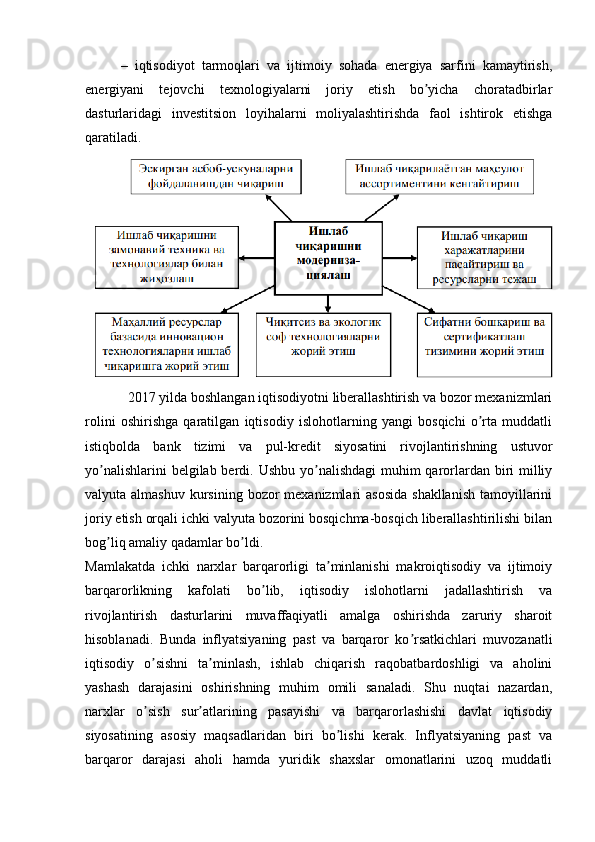 –   iqtisodiyot   tarmoqlari   va   ijtimoiy   sohada   energiya   sarfini   kamaytirish,
energiyani   tejovchi   texnologiyalarni   joriy   etish   bo yicha   choratadbirlarʼ
dasturlaridagi   investitsion   loyihalarni   moliyalashtirishda   faol   ishtirok   etishga
qaratiladi .
2017 yilda boshlangan iqtisodiyotni liberallashtirish va bozor mexanizmlari
rolini   oshirishga   qaratilgan   iqtisodiy   islohotlarning   yangi   bosqichi   o rta   muddatli	
ʼ
istiqbolda   bank   tizimi   va   pul-kredit   siyosatini   rivojlantirishning   ustuvor
yo nalishlarini  belgilab berdi. Ushbu yo nalishdagi  muhim  qarorlardan biri milliy	
ʼ ʼ
valyuta almashuv  kursining  bozor  mexanizmlari  asosida  shakllanish  tamoyillarini
joriy etish orqali ichki valyuta bozorini bosqichma-bosqich liberallashtirilishi bilan
bog liq amaliy qadamlar bo ldi.
ʼ ʼ
Mamlakatda   ichki   narxlar   barqarorligi   ta minlanishi   makroiqtisodiy   va   ijtimoiy	
ʼ
barqarorlikning   kafolati   bo lib,   iqtisodiy   islohotlarni   jadallashtirish   va	
ʼ
rivojlantirish   dasturlarini   muvaffaqiyatli   amalga   oshirishda   zaruriy   sharoit
hisoblanadi.   Bunda   inflyatsiyaning   past   va   barqaror   ko rsatkichlari   muvozanatli	
ʼ
iqtisodiy   o sishni   ta minlash,   ishlab   chiqarish   raqobatbardoshligi   va   aholini	
ʼ ʼ
yashash   darajasini   oshirishning   muhim   omili   sanaladi.   Shu   nuqtai   nazardan,
narxlar   o sish   sur atlarining   pasayishi   va   barqarorlashishi   davlat   iqtisodiy
ʼ ʼ
siyosatining   asosiy   maqsadlaridan   biri   bo lishi   kerak.   Inflyatsiyaning   past   va	
ʼ
barqaror   darajasi   aholi   hamda   yuridik   shaxslar   omonatlarini   uzoq   muddatli 