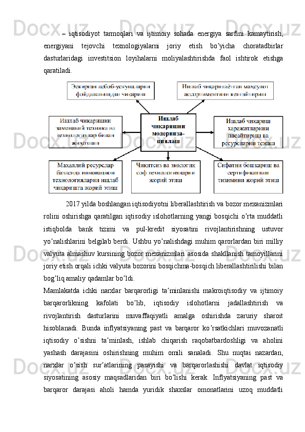 –   iqtisodiyot   tarmoqlari   va   ijtimoiy   sohada   energiya   sarfini   kamaytirish,
energiyani   tejovchi   texnologiyalarni   joriy   etish   bo yicha   choratadbirlarʼ
dasturlaridagi   investitsion   loyihalarni   moliyalashtirishda   faol   ishtirok   etishga
qaratiladi .
2017 yilda boshlangan iqtisodiyotni liberallashtirish va bozor mexanizmlari
rolini   oshirishga   qaratilgan   iqtisodiy   islohotlarning   yangi   bosqichi   o rta   muddatli	
ʼ
istiqbolda   bank   tizimi   va   pul-kredit   siyosatini   rivojlantirishning   ustuvor
yo nalishlarini  belgilab berdi. Ushbu yo nalishdagi  muhim  qarorlardan biri milliy	
ʼ ʼ
valyuta almashuv  kursining  bozor  mexanizmlari  asosida  shakllanish  tamoyillarini
joriy etish orqali ichki valyuta bozorini bosqichma-bosqich liberallashtirilishi bilan
bog liq amaliy qadamlar bo ldi.
ʼ ʼ
Mamlakatda   ichki   narxlar   barqarorligi   ta minlanishi   makroiqtisodiy   va   ijtimoiy	
ʼ
barqarorlikning   kafolati   bo lib,   iqtisodiy   islohotlarni   jadallashtirish   va	
ʼ
rivojlantirish   dasturlarini   muvaffaqiyatli   amalga   oshirishda   zaruriy   sharoit
hisoblanadi.   Bunda   inflyatsiyaning   past   va   barqaror   ko rsatkichlari   muvozanatli	
ʼ
iqtisodiy   o sishni   ta minlash,   ishlab   chiqarish   raqobatbardoshligi   va   aholini	
ʼ ʼ
yashash   darajasini   oshirishning   muhim   omili   sanaladi.   Shu   nuqtai   nazardan,
narxlar   o sish   sur atlarining   pasayishi   va   barqarorlashishi   davlat   iqtisodiy
ʼ ʼ
siyosatining   asosiy   maqsadlaridan   biri   bo lishi   kerak.   Inflyatsiyaning   past   va	
ʼ
barqaror   darajasi   aholi   hamda   yuridik   shaxslar   omonatlarini   uzoq   muddatli