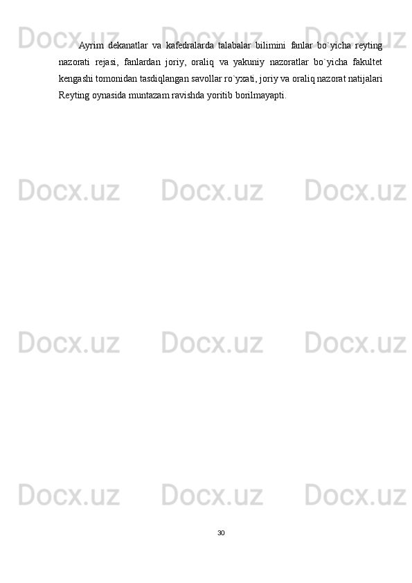 Ayrim   dekanatlar   va   kafedralarda   talabalar   bilimini   fanlar   bo`yicha   reyting
nazorati   rejasi,   fanlardan   joriy,   oraliq   va   yakuniy   nazoratlar   bo`yicha   fakultet
kengashi tomonidan tasdiqlangan savollar ro`yxati, joriy va oraliq nazorat natijalari
Reyting oynasida muntazam ravishda yoritib borilmayapti.
30 