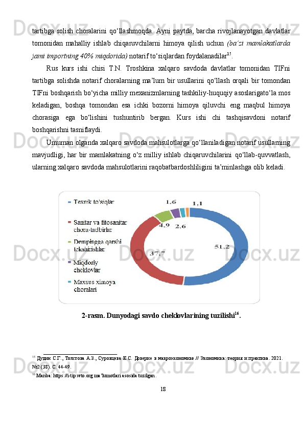 18tartibga solish   choralarini   qo‘llashmoqda.  Ayni   paytda, barcha rivojlanayotgan   davlatlar
tomonidan   mahalliy   ishlab   chiqaruvchilarni   himoya   qilish   uchun   (ba’zi   mamlakatlarda
jami   importning   40%   miqdorida)   notarif   to‘siqlardan   foydalanadilar 15
.
Rus   kurs   ishi   chisi   T.N.   Troshkina   xalqaro   savdoda   davlatlar   tomonidan   TIFni
tartibga   solishda   notarif   choralarning   ma’lum   bir   usullarini   qo‘llash   orqali   bir   tomondan
TIFni boshqarish bo‘yicha milliy mexanizmlarning tashkiliy-huquqiy   asoslarigato‘la mos
keladigan,   boshqa   tomondan   esa   ichki   bozorni   himoya   qiluvchi   eng   maqbul   himoya
chorasiga   ega   bo‘lishini   tushuntirib   bergan.   Kurs   ishi   chi   tashqisavdoni   notarif
boshqarishni   tasniflaydi.
Umuman   olganda   xalqaro   savdoda   mahsulotlarga   qo‘llaniladigan   notarif   usullarning
mavjudligi, har  bir mamlakatning o‘z milliy ishlab chiqaruvchilarini   qo‘llab-quvvatlash,
ularning xalqaro savdoda mahsulotlarini raqobatbardoshliligini   ta’minlashga   olib   keladi.
2-rasm.   Dunyodagi   savdo   cheklovlarining   tuzilishi 16
.
15
  Дудин   С.Г.,   Толстова   А.З.,   Суровцева   Е.С.   Доверие   в   макроэкономике.//   Экономика:   теория   и   практика.   2021.  
№2   (38).   С.   44-49.
16
  Manba:   https://i-tip.wto.org   ma’lumotlari   asosida   tuzilgan .