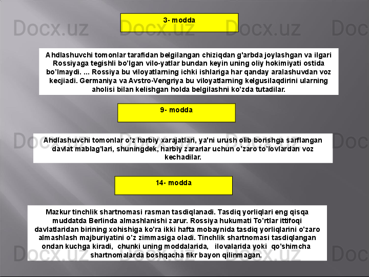 3- modda
Ahdlashuvchi tomonlar tarafidan belgilangan chiziqdan g'arbda joylashgan va ilgari 
Rossiyaga tegishli bo’lgan vilo-yatlar bundan keyin uning oliy hokimiyati ostida 
bo’lmaydi.   ... Rossiya bu viloyatlarning ichki ishlariga har qanday aralashuvdan voz 
kecjiadi. Germaniya va Avstro-Vengriya bu viloyatlarning kelgusilaqdirini ularning 
aholisi bilan kelishgan holda belgilashni ko’zda tutadilar.
9- modda
Ahdlashuvchi tomonlar o’z harbiy xarajatlari, ya'ni urush olib borishga sarflangan 
davlat mablag'lari, shuningdek, harbiy zararlar uchun o’zaro to’lovlardan voz 
kechadilar.
14- modda
Mazkur tinchlik shartnomasi rasman tasdiqlanadi. Tasdiq yorliqlari eng qisqa 
muddatda Berlinda almashlanishi zarur. Rossiya hukumati To’rtlar ittifoqi 
davlatlaridan birining xohishiga ko’ra ikki hafta mobaynida tasdiq yorliqlarini o’zaro 
almashlash majburiyatini o’z zimmasiga oladi. Tinchlik shartnomasi tasdiqlangan 
ondan kuchga kiradi,  chunki uning moddalarida,   ilovalarida yoki  qo’shimcha  
shartnomalarda boshqacha fikr bayon qilinmagan.   