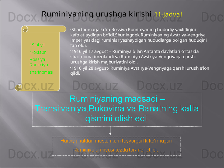 Ruminiy aning urushga k irishi  11-jadv al

Shartnomaga ko’ra Rossiya Ruminiyaning hududiy yaxlitligini 
kafolatlaydigan bo’ldi.Shuningdek,Ruminiyaning Avstriya-Vengriya 
imperiyasidagi ruminlar yashaydigan hududlarga bo’lgan huquqini 
tan oldi.

1916 yil 17 avgust – Ruminiya bilan Antanta davlatlari o’rtasida 
shartnoma imzolandi va Ruminiya Avstriya-Vengriyaga qarshi 
urushga kirish majburiyatini oldi.

1916 yil 28 avgust- Ruminiya Avstirya-Vengriyaga qarshi urush e’lon 
qildi.1914 yil 
1-oktabr
Rossiya-
Ruminiya
shartnomasi
Ruminiyaning maqsadi –
Transilvaniya,Bukovina va Banatning katta 
qismini olish edi.
Harbiy jihatdan mustahkam tayyorgarlik ko’rmagan 
Ruminiya armiyasi tezda tor-mor etildi . 