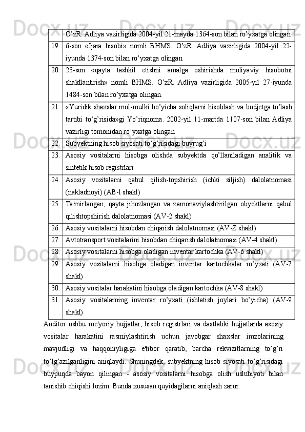 O’zR. Adliya vazirligida 2004-yil 21-mayda 1364-son bilan ro’yxatga olingan
19. 6-son   «Ijara   hisobi»   nomli   BHMS.   O’zR.   Adliya   vazirligida   2004-yil   22-
iyunda 1374-son bilan ro’yxatga olingan
20. 23-son   «qayta   tashkil   etishni   amalga   oshirishda   moliyaviy   hisobotni
shakllantirish»   nomli   BHMS.   O’zR.   Adliya   vazirligida   2005-yil   27-iyunda
1484-son bilan ro’yxatga olingan.
21. « Yuridik   shaxslar   mol - mulki   bo ’ yicha   soliqlarni   hisoblash   va   budjetga   to ’ lash
tartibi   to ’ g ’ risida » gi   Yo ’ riqnoma .   2002-yil   11-martda   1107-son   bilan   Adliya
vazirligi tomonidan ro’yxatga olingan
22. Subyektning hisob siyosati to’g’risidagi buyrug’i
23. Asosiy   vositalarni   hisobga   olishda   subyektda   qo’llaniladigan   analitik   va
sintetik hisob registrlari
24. Asosiy   vositalarni   qabul   qilish-topshirish   (ichki   siljish)   dalolatnomasi
(nakladnoyi) (AB-l shakl)
25. Ta'mirlangan,   qayta   jihozlangan   va   zamonaviylashtirilgan   obyektlarni   qabul
qilishtopshirish dalolatnomasi (AV-2 shakl)
26. Asosiy vositalarni hisobdan chiqarish dalolatnomasi (AV-Z shakl)
27. Avtotransport vositalarini hisobdan chiqarish dalolatnomasi (AV-4 shakl)
28. Asosiy vositalarni hisobga oladigan inventar kartochka (AV-6 shakl)
29. Asosiy   vositalarni   hisobga   oladigan   inventar   kartochkalar   ro’yxati   (AV-7
shakl)
30. Asosiy vositalar harakatini hisobga oladigan kartochka (AV-8 shakl)
31. Asosiy   vositalarning   inventar   ro’yxati   (ishlatish   joylari   bo’yicha)   (AV-9
shakl)
Auditor   ushbu   me'yoriy   hujjatlar,   hisob   registrlari   va   dastlabki   hujjatlarda   asosiy
vositalar   harakatini   rasmiylashtirish   uchun   javobgar   shaxslar   imzolarining
mavjudligi   va   haqqoniyligiga   e'tibor   qaratib,   barcha   rekvizitlarning   to’g’ri
to’lg’azilganligini  aniqlaydi.  Shuningdek, subyektning  hisob  siyosati   to’g’risidagi
buypuqda   bayon   qilingan   -   asosiy   vositalarni   hisobga   olish   uslubiyoti   bilan
tanishib chiqishi lozim.  Bunda xususan quyidagilarni aniqlash zarur: 