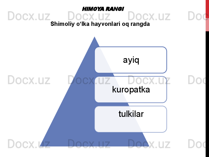 HIMOYA RANGIShimoliy o‘lka hayvonlari oq rangda
ayiq
kuropatka
tulkilar        