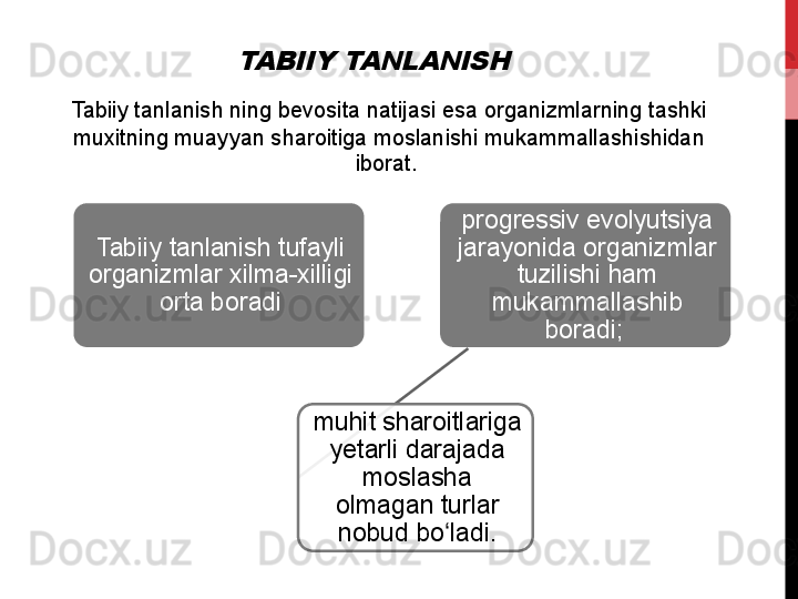TABIIY TANLANISHTabiiy	
 tanlanish	 ning	 bevosita	 natijasi	 esa	 organizmlarning	 tashki	 
muxitning	
 muayyan	 sharoitiga	 moslanishi	 mukammallashishidan	 
iborat.	
 
 Tabiiy	
 tanlanish	 tufayli	 
organizmlar	
 xilma-xilligi	 
orta	
 boradi progressiv	
 evolyutsiya	 
jarayonida	
 organizmlar	 
tuzilishi	
 ham	 
mukammallashib	
 
boradi;	
 
muhit	
 sharoitlariga	 
yetarli	
 darajada	 
moslasha	
 
olmagan	
 turlar	 
nobud	
 bo ladi.	ʻ
