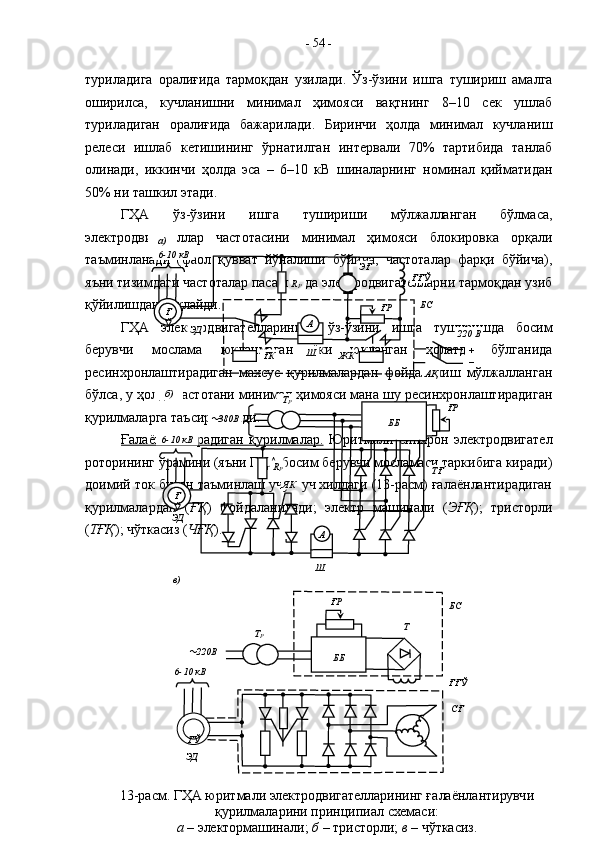 туриладига   оралиғида   тармоқдан   узилади.   Ўз-ўзини   ишга   тушириш   амалга
оширилса,   кучланишни   минимал   ҳимояси   вақтнинг   8–10   сек   ушлаб
туриладиган   оралиғида   бажарилади.   Биринчи   ҳолда   минимал   кучланиш
релеси   ишлаб   кетишининг   ўрнатилган   интервали   70%   тартибида   танлаб
олинади,   иккинчи   ҳолда   эса   –   6–10   кВ   шиналарнинг   номинал   қийматидан
50% ни ташкил этади.
ГҲА   ўз-ўзини   ишга   тушириши   мўлжалланган   бўлмаса,
электродвигателлар   частотасини   минимал   ҳимояси   блокировка   орқали
таъминланади   (фаол   қувват   йўналиши   бўйича,   частоталар   фарқи   бўйича),
яъни тизимдаги частоталар пасайганда электродвигателларни тармоқдан узиб
қўйилишдан сақлайди.
ГҲА   электродвигателларининг   ўз-ўзини   ишга   туширишда   босим
берувчи   мослама   юкланмаган   ёки   юкланган   ҳолатда   бўлганида
ресинхронлаштирадиган   махсус   қурилмалардан   фойдаланиш   мўлжалланган
бўлса, у ҳолда частотани минимал ҳимояси мана шу ресинхронлаштирадиган
қурилмаларга таъсир қилади.
Ғалаёнлантирадиган   қурилмалар.   Юритмали   синхрон   электродвигател
роторининг ўрамини (яъни ГҲА босим берувчи мосламаси таркибига киради)
доимий ток билан таъминлаш учун уч хилдаги (13-расм) ғалаёнлантирадиган
қурилмалардан   ( ҒҚ )   фойдаланилади;   электр   машинали   ( ЭҒҚ );   тристорли
( ТҒҚ ); чўткасиз ( ЧҒҚ ). -  54  -
Ғ
Ў
А
ҒК ЖК
АҚ 220 В
+
–БСЭҒ
ҒРR
Р
ЭД
Ш ҒҒЎ6-10 кВ а)
Ғ
Ў ББ
Аб)
Ш6-10 кВ 380В Т
Р
ҒР
ТҒR
Р
ЯК
ЭД
ҒЎ ББв)
Т
Р
6-10 кВ	
 220В
ҒҒЎ БСҒР
Т
СҒ
ЭД
13-расм. ГҲА юритмали электродвигателларининг ғалаёнлантирувчи 
қурилмаларини принципиал схемаси:
а  – электормашинали;  б  – тристорли;  в  – чўткасиз. 