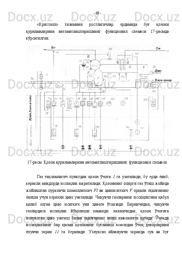 «Кристалл»   тизимини   ростлагичлар   ёрдамида   буғ   қозони
қурилмаларини   автоматлаштиришнинг   функционал   схемаси   17-расмда
кўрсатилган.
17-расм. Қозон қурилмаларини автоматлаштиришнинг функционал схемаси.
Газ   тақсимлагич   пунктдан   қозон   ўчоғи   1   га   узатилади,   бу   ерда   ёниб,
керакли миқдорда иссиқлик ажратилади. Қозоннинг охирги газ ўтиш жойида
жойлашган   пурковчи   шомоллаткич   VI   ва   ҳавоиситкич   V   орқали   ёқилғининг
ёниши учун керакли ҳаво узатилади. Чиқувчи газларнинг иссиқлигини қабул
қилиб   олган   ҳаво   иситкич   уни   ҳавога   ўтказади.   Биринчидан,   чиқувчи
газлардаги   иссиқлик   йўқолиши   камаяди:   иккинчидан,   қозон   ўчоғига
иситилган   ҳаво   узатиш   билан   ёқилғининг   ёниш   имконияти   ортади.   Ўчоқда
иссиқликнинг   бир   қисми   қозоннинг   буғланиш   юзасидан   ўчоқ   деворларини
ёпувчи   экран   11   га   берилади.   Узлуксиз   айланувчи   экранда   сув   ва   буғ -  69  -
Тутун газлар Ҳаво СувБуғ Махаллий 	
асбоблар
Қозон ўчоғи шчити 