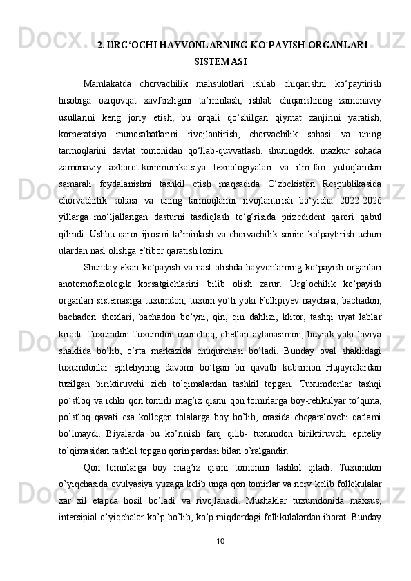 2.   URG‘OCHI HAYVONLARNING KO`PAYISH ORGANLARI
SISTEMASI
Mamlakatda   chorvachilik   mahsulotlari   ishlab   chiqarishni   ko‘paytirish
hisobiga   oziqovqat   xavfsizligini   ta’minlash,   ishlab   chiqarishning   zamonaviy
usullarini   keng   joriy   etish,   bu   orqali   qo‘shilgan   qiymat   zanjirini   yaratish,
korperatsiya   munosabatlarini   rivojlantirish,   chorvachilik   sohasi   va   uning
tarmoqlarini   davlat   tomonidan   qo‘llab-quvvatlash,   shuningdek,   mazkur   sohada
zamonaviy   axborot-kommunikatsiya   texnologiyalari   va   ilm-fan   yutuqlaridan
samarali   foydalanishni   tashkil   etish   maqsadida   O‘zbekiston   Respublikasida
chorvachilik   sohasi   va   uning   tarmoqlarini   rivojlantirish   bo‘yicha   2022-2026
yillarga   mo‘ljallangan   dasturni   tasdiqlash   to‘g‘risida   prizedident   qarori   qabul
qilindi. Ushbu  qaror  ijrosini  ta’minlash va chorvachilik sonini  ko‘paytirish uchun
ulardan nasl olishga e’tibor qaratish lozim. 
Shunday ekan ko‘payish va nasl  olishda  hayvonlarning ko‘payish organlari
anotomofiziologik   korsatgichlarini   bilib   olish   zarur.   Urg’ochilik   ko’payish
organlari sistemasiga tuxumdon, tuxum yo’li yoki Follipiyev naychasi, bachadon,
bachadon   shoxlari,   bachadon   bo’yni,   qin,   qin   dahlizi,   klitor,   tashqi   uyat   lablar
kiradi. Tuxumdon.Tuxumdon uzunchoq, chetlari aylanasimon, buyrak yoki loviya
shaklida   bo’lib,   o’rta   markazida   chuqurchasi   bo’ladi.   Bunday   oval   shaklidagi
tuxumdonlar   epiteliyning   davomi   bo’lgan   bir   qavatli   kubsimon   Hujayralardan
tuzilgan   biriktiruvchi   zich   to’qimalardan   tashkil   topgan.   Tuxumdonlar   tashqi
po’stloq va ichki qon tomirli mag’iz qismi qon tomirlarga boy-retikulyar to’qima,
po’stloq   qavati   esa   kollegen   tolalarga   boy   bo’lib,   orasida   chegaralovchi   qatlami
bo’lmaydi.   Biyalarda   bu   ko’rinish   farq   qilib-   tuxumdon   biriktiruvchi   epiteliy
to’qimasidan tashkil topgan qorin pardasi bilan o’ralgandir. 
Qon   tomirlarga   boy   mag’iz   qismi   tomonini   tashkil   qiladi.   Tuxumdon
o’yiqchasida ovulyasiya yuzaga kelib unga qon tomirlar va nerv kelib follekulalar
xar   xil   etapda   hosil   bo’ladi   va   rivojlanadi.   Mushaklar   tuxumdonida   maxsus,
intersipial o’yiqchalar ko’p bo’lib, ko’p miqdordagi follikulalardan iborat. Bunday
10 