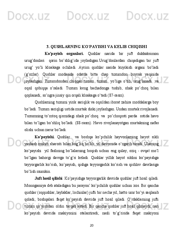 3. QUSHLARNING KO`PAYISHI VA KELIB CHIQISHI
Ko’payish   organlari.   Qushlar   narida   bir   juft   dukkaksimon
urug’donlari     qorin   bo’shlig’ida   joylashgan.Urug’donlardan   chiqadigan   bir   juft
urug’   yo’li   kloakaga   ochiladi.   Ayrim   qushlar   narida   kuyikish   organi   bo’ladi
(g’ozlar).   Qushlar   modasida   odatda   bitta   chap   tuxumdon   buyrak   yaqinida
joylashgan.   Tuxumdondan   chiqqan   tuxum     tuxum     yo’liga   o’tib,   urug’lanadi     va
oqsil   qobiqqa   o’raladi.   Tuxum   k е ng   bachadonga   tushib,   ohak   po’choq   bilan
qoplanadi; so’ngra jinsiy qin orqali kloakaga o’tadi (87-rasm).
Qushlarning tuxumi yirik sariqlik va oqsildan iborat zahira moddalarga boy
bo’ladi. Tuxum sariqligi ustida murtak diski joylashgan. Undan murtak rivojlanadi.
Tuxumning to’mtoq qismidagi  ohak po’choq   va   po’choqosti  parda   ostida havo
bilan  to’lgan  bo’shliq  bo’ladi.  (88-rasm).  Havo  rivojlanayotgan   murtakning  nafas
olishi uchun zarur bo’ladi.
Ko’payishi.   Qushlar     va   boshqa   ko’pchilik   hayvonlarning   hayot   sikli
yashash muhiti sharoiti bilan bog’liq bo’lib, yil davomida o’zgarib turadi. Ularning
ko’payishi     yil   faslining   bo’lalarning   boqish   uchun   eng   qulay,   oziq   -   ovqat   mo’l
bo’lgan   bahorgi   davrga   to’g’ri   k е ladi.   Qushlar   yillik   hayot   siklini   ko’payishga
tayyorgarlik   ko’rish,   ko’payish,   qishga   tayyorgarlik   ko’rish   va   qishlov   davrlariga
bo’lish mumkin. 
Juft hosil qilishi . Ko’payishga tayyorgarlik davrida qushlar juft hosil qiladi.
Monogamiya d е b ataladigan bu jarayon’ ko’pchilik qushlar uchun xos. Bir qancha
qushlar (oqqushlar, laylaklar, lochinlar) jufti bir n е cha yil, hatto umr bo’yi saqlanib
qoladi;   boshqalari   faqat   ko’payish   davrida   juft   hosil   qiladi.   O’rdaklarning   jufti
tuxum qo’yishdan  oldin  tarqab k е tadi. Bir qancha qushlar juft hosil qilmaydi; nari
ko’payish   davrida   makiyonini   otalantiradi;   nasli   to’g’risida   faqat   makiyoni
20 