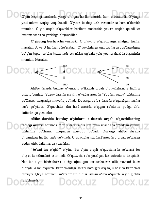 O‘yin   keyingi   darslarda   yangi   o‘tilgan   harflar   asosida   ham   o‘tkaziladi.   O‘yinga
yetti-sakkiz   daqiqa   vaqt   ketadi.   O‘yinni   boshqa   turli   variantlarda   ham   o‘tkazish
mumkin.   O‘yin   orqali   o‘quvchilar   harflarni   xotirasida   yaxshi   saqlab   qoladi   va
husnixat asosida yozishga o‘rganadilar.
O‘yinning   boshqacha   varianti.   O‘qituvchi   o‘quvchilarga   istalgan   harfni,
masalan, A va O harflarini ko‘rsatadi. O‘quvchilarga unli harflarga bog‘lanadigan
bo‘g‘in topib, so‘zlar tuzdiriladi. Bu ishlar og‘zaki yoki yozma shaklda bajarilishi
mumkin. Masalan:nor	na	
A	ri	O	la	
li	ra	
rab	pa
Alifbe   darsida   bunday   o‘yinlarni   o‘tkazish   orqali   o‘quvchilarning   faolligi
oshirib boriladi. Yozuv darsida esa shu o‘yinlar asosida “Yoddan yozuv” diktantini
qo‘llasak,   maqsadga   muvofiq   bo‘ladi.   Doskaga   alifbe   darsida   o‘rganilgan   harflar
terib   qo‘yiladi.   O‘quvchilar   shu   harf   asosida   o‘qigan   so‘zlarini   yodga   olib,
daftarlariga yozadilar.
Alifbe   darsida   bunday   o‘yinlarni   o‘tkazish   orqali   o‘quvchilarning
faolligi oshirib boriladi.  Yozuv darsida esa shu o‘yinlar asosida “Yoddan yozuv”
diktantini   qo‘llasak,   maqsadga   muvofiq   bo‘ladi.   Doskaga   alifbe   darsida
o‘rganilgan harflar terib qo‘yiladi. O‘quvchilar shu harf asosida o‘qigan so‘zlarini
yodga olib, daftarlariga yozadilar.
“So‘zni   tez   o‘qish”   o‘yini.   Bu   o‘yin   orqali   o‘quvchilarda   so‘zlarni   tez
o‘qish   ko‘nikmalari   orttiriladi.   O‘qituvchi   so‘z   yozilgan   kartochkalarni   tarqatadi.
Har   bir   o‘yin   ishtirokchisi   o‘ziga   ajratilgan   kartochkalarni   olib,   navbati   bilan
o‘qiydi. Agar  o‘quvchi kartochkadagi  so‘zni noto‘g‘ri o‘qisa, u boshqa kartochka
olmaydi. Qaysi  o‘quvchi so‘zni to‘g‘ri o‘qisa, aynan o‘sha o‘quvchi o‘yin g‘olibi
hisoblanadi.
35 