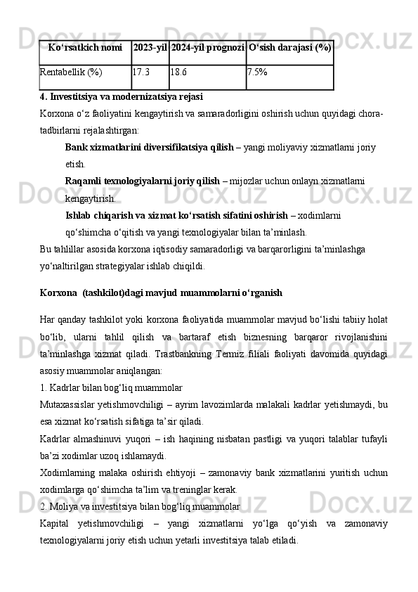 Ko‘rsatkich nomi 2023-yil 2024-yil prognozi O‘sish darajasi (%)
Rentabellik (%) 17.3 18.6 7.5%
4.  Investitsiya va modernizatsiya rejasi
Korxona o‘z faoliyatini kengaytirish va samaradorligini oshirish uchun quyidagi chora-
tadbirlarni rejalashtirgan:
Bank xizmatlarini diversifikatsiya qilish  – yangi moliyaviy xizmatlarni joriy 
etish.
Raqamli texnologiyalarni joriy qilish  – mijozlar uchun onlayn xizmatlarni 
kengaytirish.
Ishlab chiqarish va xizmat ko‘rsatish sifatini oshirish  – xodimlarni 
qo‘shimcha o‘qitish va yangi texnologiyalar bilan ta’minlash.
Bu tahlillar asosida korxona iqtisodiy samaradorligi va barqarorligini ta’minlashga 
yo‘naltirilgan strategiyalar ishlab chiqildi.
K orxona    (tashkilot)dagi mavjud muammolarni o‘rganish
Har qanday tashkilot yoki korxona faoliyatida muammolar mavjud bo‘lishi tabiiy holat
bo‘lib,   ularni   tahlil   qilish   va   bartaraf   etish   biznesning   barqaror   rivojlanishini
ta’minlashga   xizmat   qiladi.   Trastbankning   Termiz   filiali   faoliyati   davomida   quyidagi
asosiy muammolar aniqlangan:
1. Kadrlar bilan bog‘liq muammolar
Mutaxassislar  yetishmovchiligi – ayrim lavozimlarda malakali  kadrlar yetishmaydi, bu
esa xizmat ko‘rsatish sifatiga ta’sir qiladi.
Kadrlar   almashinuvi   yuqori   –   ish   haqining   nisbatan   pastligi   va   yuqori   talablar   tufayli
ba’zi xodimlar uzoq ishlamaydi.
Xodimlarning   malaka   oshirish   ehtiyoji   –   zamonaviy   bank   xizmatlarini   yuritish   uchun
xodimlarga qo‘shimcha ta’lim va treninglar kerak.
2. Moliya va investitsiya bilan bog‘liq muammolar
Kapital   yetishmovchiligi   –   yangi   xizmatlarni   yo‘lga   qo‘yish   va   zamonaviy
texnologiyalarni joriy etish uchun yetarli investitsiya talab etiladi.