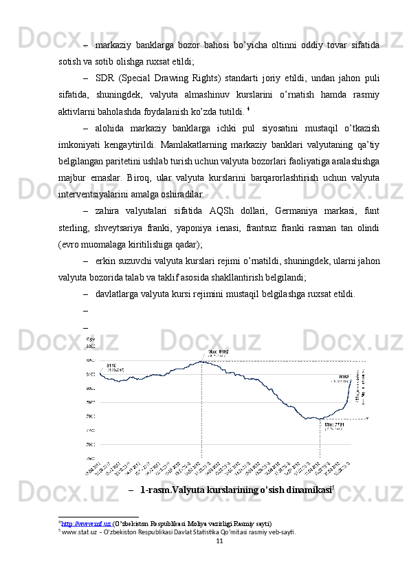 – markaziy   banklarga   bozor   bahosi   bo’yicha   oltinni   oddiy   tovar   sifatida
sotish va sotib olishga ruxsat etildi;
– SDR   (Special   Drawing   Rights )   standarti   joriy   etildi,   undan   jahon   puli
sifatida,   shuningdek,   valyuta   almashinuv   kurslarini   o’rnatish   hamda   rasmiy
aktivlarni baholashda foydalanish ko’zda tutildi.  4
– alohida   markaziy   banklarga   ichki   pul   siyosatini   mustaqil   o’tkazish
imkoniyati   kengaytirildi.   Mamlakatlarning   markaziy   banklari   valyutaning   qa’tiy
belgilangan paritetini ushlab turish uchun valyuta bozorlari faoliyatiga aralashishga
majbur   emaslar.   Biroq,   ular   valyuta   kurslarini   barqarorlashtirish   uchun   valyuta
interventsiyalarini amalga oshiradilar.
– zahira   valyutalari   sifatida   AQSh   dollari,   Germaniya   markasi,   funt
sterling,   shveytsariya   franki,   yaponiya   ienasi,   frantsuz   franki   rasman   tan   olindi
(evro muomalaga kiritilishiga qadar);
– erkin suzuvchi valyuta kurslari rejimi o’rnatildi, shuningdek, ularni jahon
valyuta bozorida talab va taklif asosida shakllantirish belgilandi;
– davlatlarga valyuta kursi rejimini mustaqil belgilashga ruxsat etildi.
–
–
– 1-rasm.Valyuta kurslarining o’sish dinamikasi 5
4
  http://www.mf.uz        (O’zbekiston Respublikasi Moliya vazirligi Rasmiy sayti)
5
 www.stat.uz – O’zbekiston Respublikasi Davlat Statistika Qo’mitasi rasmiy veb-sayti.
11