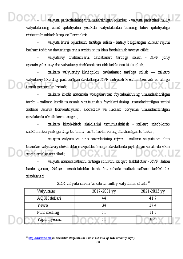 - valyuta paritetlarining umumlashtirilgan rejimlari - valyuta paritetlari milliy
valyutalarning   xarid   qobiliyatini   yetakchi   valyutalardan   birining   tulov   qobiliyatiga
nisbatan hisoblash keng qo llanmokda;ʼ
- valyuta kursi rejimlarini tartibga solish - katьiy belgilangan kurelar rejimi
barham toddi va davlatlarga erkin suzish rejim idan foydalanish tavsiya etildi; 
- valyutaviy   cheklashlarni   davlatlararo   tartibga   solish   -   XVF   joriy
operatsiyalar buyicha valyutaviy cheklashlarini olib tashlashni talab qiladi;
- xalkaro   valyutaviy   likvidpikni   davlatlararo   tartibga   solish   —   xalkaro
valyutaviy likvidligi past bo lgan davlatlarga XVF imtiyozli kreditlar bermadi va ularga
ʼ
texnik yordam ko rsatadi;	
ʼ
- xalkaro   kredit   muomala   vosigalarvdan   foydalanishning   umumlash tirilgan
tartibi   -  xalkaro kredit   muomala vositalaridan  foydalanishning  umumlashtirilgan  tartibi
xalkaro   Jeneva   konventsiyalari,   akkreditiv   va   inkasso   bo yicha   umumlashtirilgan	
ʼ
qovdalarda o z ifodasini topgan; 	
ʼ
- xalkaro   hisob-kitob   shakllarini   umumlashtirish   -   xalkaro   xisob-kitob
shakllari ikki yirik guruhga bo linadi: sof to lovlar va hujjatlashtirilgan to lovlar;	
ʼ ʼ ʼ
- xalqaro   valyuta   va   oltin   bozorlarining   rejimi   -   xalkaro   valyuta   va   oltin
bozorlari valyutaviy cheklashlar mavjud bo lmagan davlatlarda joylashgan va ularda erkin	
ʼ
savdo amalga oshiriladi;
- valyuta munosabatlarini tartibga soluvchi xalqaro tashkilotlar - XVF, Jahon
banki   guruxi,   Xalqaro   xisob-kitoblar   banki   bu   sohada   nufuzli   xalkaro   tashkilotlar
xisoblanadi.
SDR valyuta savati tarkibida milliy valyutalar ulushi 10
Valyutalar 2019-2021 yy 2021-2023 yy
AQSH dollari 44 41.9
Yevro 34 37.4
Funt sterling 11 11.3
Yapon iyenasi 11 9.4
10
  http://www.stat.uz        (O’zbekiston Respublikasi Davlat statistika qo’mitasi rasmiy sayti)
30 