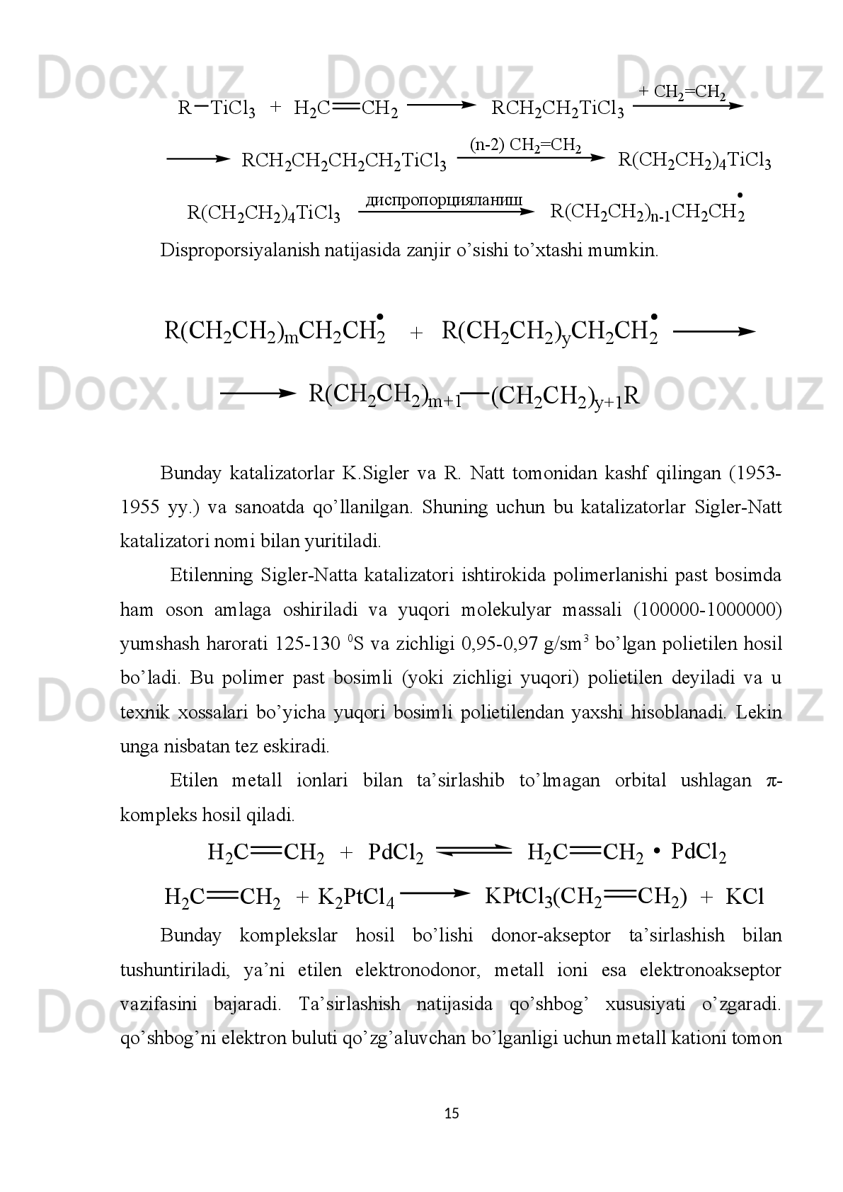 ekzotermik   reaksiya   b о ’lib,   ajralib   chiqqan   energiya   miqdori   ularning   reaksiyaga
kirishishi kabi ketma-ketlikda b о ’ladi:+	+	
+
+	
F2	H2C	CH2	
+	
CH2	СH2	F	F	
+	Cl2	H2C	CH2	CH2	СH2	Cl	Cl	
+	Br2	H2C	CH2	CH2	СH2	Br	Br	
+	I2	H2C	CH2	CH2	СH2	I	I	
55,4 кал.	
41 кал.	
30 кал.	
9,6 кал.
Dixlor  va dibrom hosilalarda muvozanat  digalogen hosilalar tomon siljigan
b о ’ladi.   Diyodli   hosilada   ozgina   qizdirish   ham   yod   ajralib   chiqishiga–etilenning
regeneratsiyalanishiga olib keladi.	
+	I2	H2C	CH2	CH2	СH2	I	I
Yod   ajralib   chiqishidan   ayrim   holatlarda   q о ’shbog’   hosil   qilish   uchun   ham
foydalaniladi.   Shu   bilan   birgalikda   yod   boshqa   galogenlar   birikishida   katalizator
vazifasini ham bajaradi.
Galogen   birikish   reaksiyasini   gaz   fazada   ham   suyuq   fazada   ham,   katalizator
ishtirokida ham katalizatorsiz ham olib borish mumkin. Agar jarayon suyuq fazada
о ’tkazilsa   erituvchi   sifatida  hosil   b о ’lgan   digalogenli   birikmaning   о ’zi   ishlatiladi.
Bu esa q о ’shimcha mahsulot hosil b о ’lishini kamaytiradi. Katalizator sifatida ba’zi
metallar,   ayniqsa,   temir   va   surmaning   suvsiz   galogenidlari   q о ’llaniladi.   Masalan
temir, marganets, surma va mis reaksiya sharoitida mos ravishdagi galogenidlarni
hosil   qiladi.   Gaz   fazada   250   0
S   da   katalitik   birikish   reaksiyasidan   vinilxlorid
olishda   k о ’p   q о ’llaniladigan   dixloretan   olinadi.   Katalizator   sifatida   sianid   bilan
kompleks holatdagi alyuminiy xlorid q о ’llaniladi.
H
2 C С H
2 C l C H
2 C H
2 C l	
250 0C	
AlCl
3
Agar   reaksiya   mis,   surma,   marganets   yoki   temir   xloridlari   ishtirokida   olib
borilsa,   hosil   bо’lgan   dixloretan   qisman   yana   xlorlanib   vinilidenxlorid   olishda
muhim bо’lgan birikmalardan biri trixloretan hosil qiladi.
7