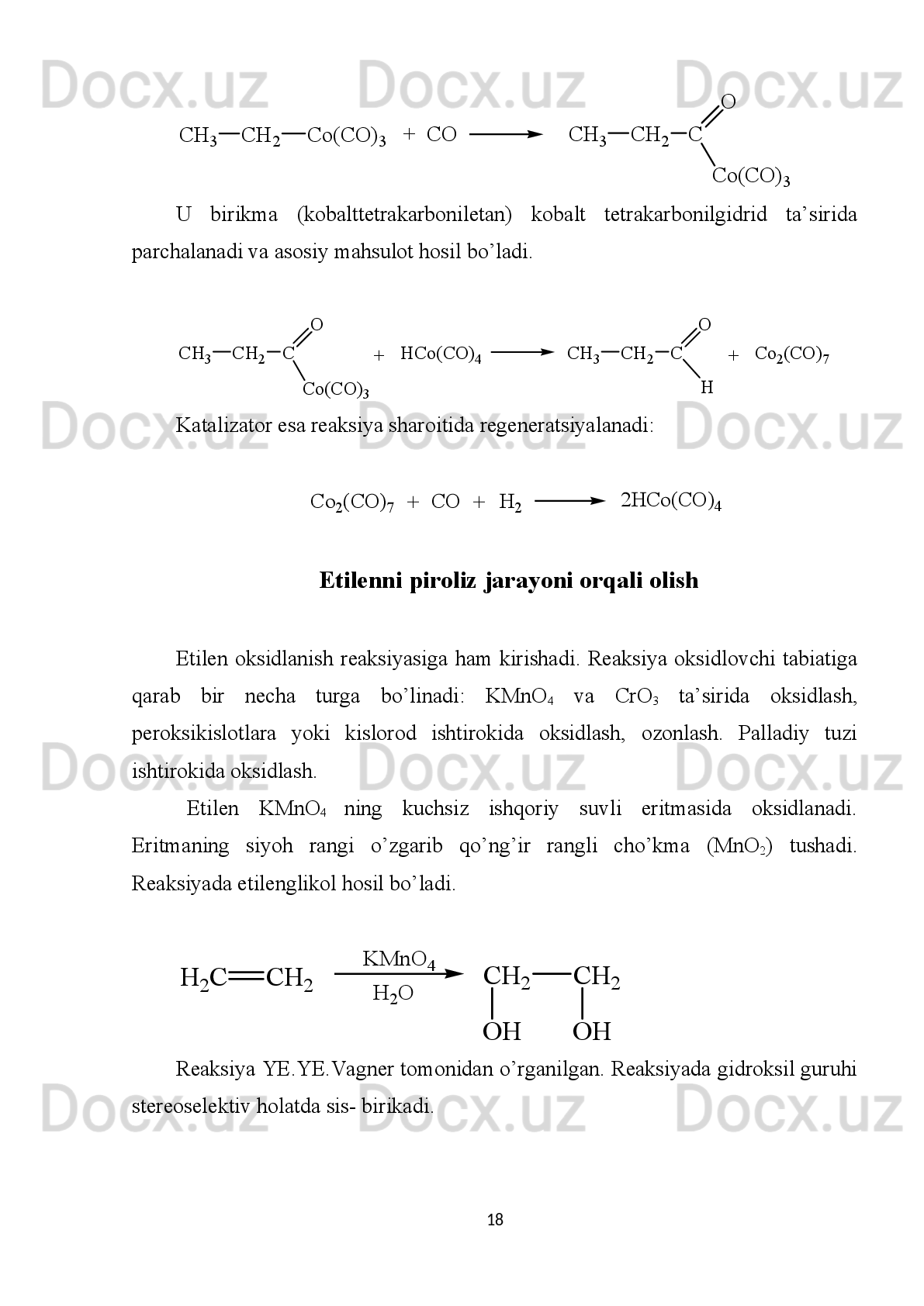 galogenketon   beradi.   U   esa   о ’z   navbatida   vodorod   xlorid   ajralib   t о ’yinmagan
keton-vinilmetilketon hosil qiladi:+	
CH2	CO	CH2	
Cl	
H2C	СH	
метил--хлорэтилкетон	
+	
COAlCl4	CH3	
H2C	СH2	
+	C	CH3	
+	
HCl	
CH3	
O
Cl	
AlCl3	
COAlCl4	CH3	AlCl3	
CO	CH3	
винилметилкетон	
0-5 0C
Vinilfenilketon   yuqorida   keltirilgan   usul   bilan   etilen   va   benzoilxloriddan
sintez qilinadi:	
CO	СH2	H2C	СH2	C6H5	C6H5	AlCl3	
+	COCl	CH2	Cl	
CO	СH	C6H5	CH2	
фенил--хлорэтилкетон	
винилфенилкетон	
87-89%	
50 0С	
- HCl
Xuddi   shuningdek   etilen   bilan   galogen   tutgan   kislota   xlorangidridi   ham
ta’sirlashadi.   Masalan,   β-xlorpropionxloriddan   oxirgi   mahsulot   divinilketon   hosil
ketadi.	
CO	СH2	H2C	СH2	
-хлорпропионилхлорид	
Cl	AlCl3	
+	CH2	Cl	
CH2	СH2	Cl	CO	CH2	CH2	Cl	
CH2	СH	CO	CH	CH2	
-дихлордиэтилкетон	
дивинилкетон	- 2HCl
Galogen tutgan kislota xlorangidridi olefinlarga fosgen ta’sir ettirib olinadi.
Etilenga   fosgen   ta’siridan   β -xlorpropion   kislota   xlorangidridi   ham   hosil   b о ’ladi.
Unga   suv   yoki   spirt   bilan   ishlov   berilganda   akril   kislota   yoki   uning   efiri   hosil
b о ’ladi:
10 