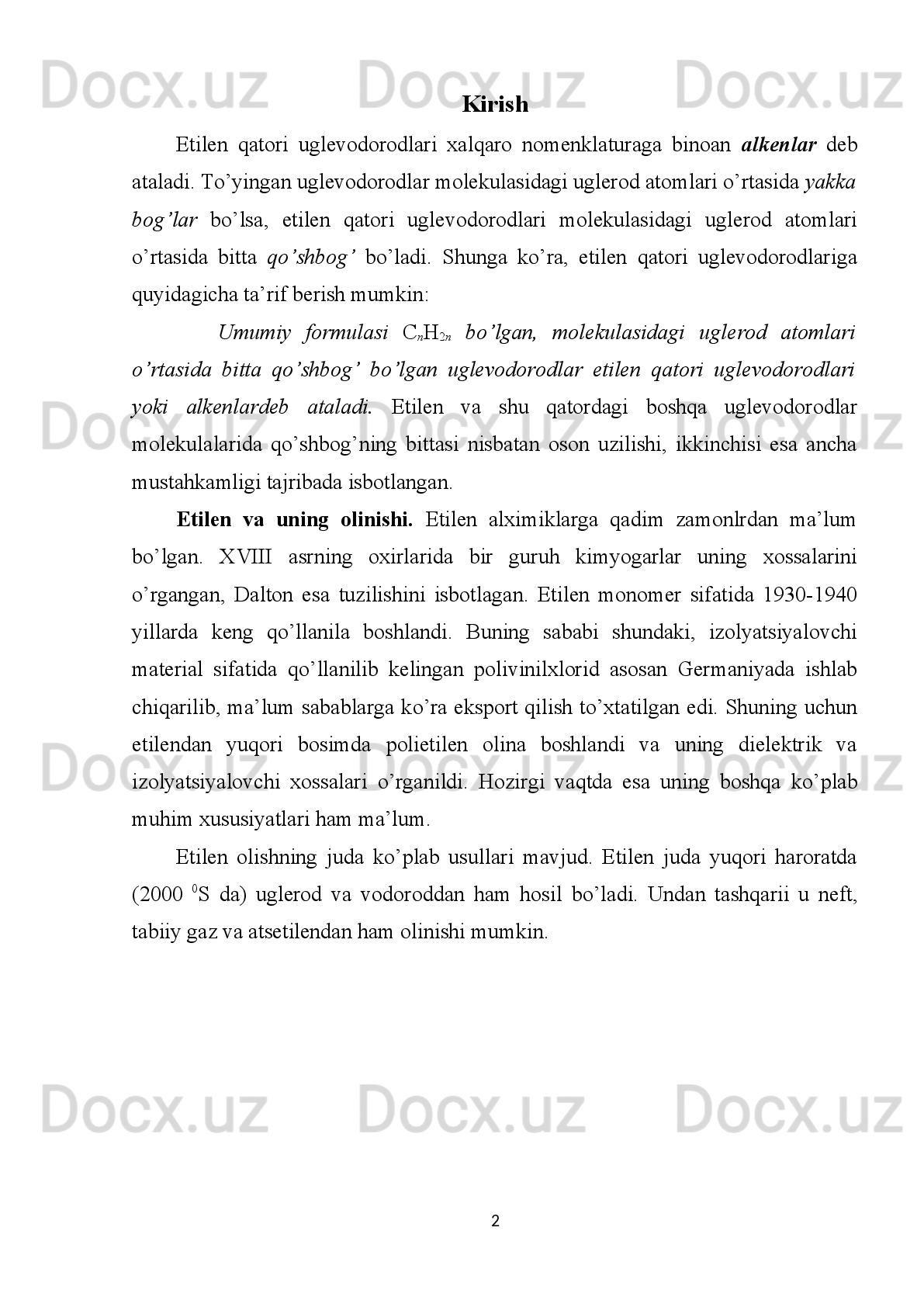 CH2	H2C	H2C	СH2	
CH2	ICH2	H2C	СH2	
+	
+
I2	I	I	
I2	2I	
I	
CH2	ICH2	+	I2	CH2	H2C	I	I	+	IDiyodetan   xuddi   shuningdek   etilenga   yodsian   ta’sir   ettirilganda   ham   hosil
b о ’ladi:	
CH2	H2C	H2C	СH2	
I	+	
+	
CN	
I	
+	CH2	H2C	I	I	+	
I	CN	
I
CH2	H2C	I	I	CN	CN	
2 CN	NC	CN
Xlorsian   va   bromsian   ba   tarzda   ta ’ sirlashmaydi ,  chunki   xlor   va   bromning   sian
guruhi   bilan   hosil   qilgan   bog ’ i   yodsiandagicha   nisbatan   ancha   mustahkam .
Etilenga   kislorod   katalizatorligida   brom   birikishi   ham   radikal   mexanizmda
boradi.   Bunda   faqat   q о ’shimcha   mahsulot   sifatida   qisman   perekis   birikma   ham
sodir b о ’ladi.	
CH2	H2C	H2C	СH2	+	Br	
Br2	2Br	
+	CH2	H2C	Br	Br	+	
Br	
CH2	H2C	Br	Br2	Br
Piridin   muhitida   sulfuril   xlorid   radikalga   parchalanish   natijasida   etilenga
birikadi va  β -xloretansulfoxlorid hosil qiladi.
H
2 C С H
2 +
+ S O
2 C l
2 C l
+
C H
2C H
2 S O
2 C lC lC l S O
2 C l
S O
2 C l
 - х л о р э т а н с у л ь ф о х л о р и д
Etilen   sikllanish   reaksiyasiga   ham   kirishadi.   Eng   k о ’p   q о ’llaniladigan
sikllanish   Dils-Alder   b о ’yicha   diyen   sintezidir.   Etilen   bilan   diyen   sintezi   odatda
yuqori bosim va haroratni talab qiladi:
12 