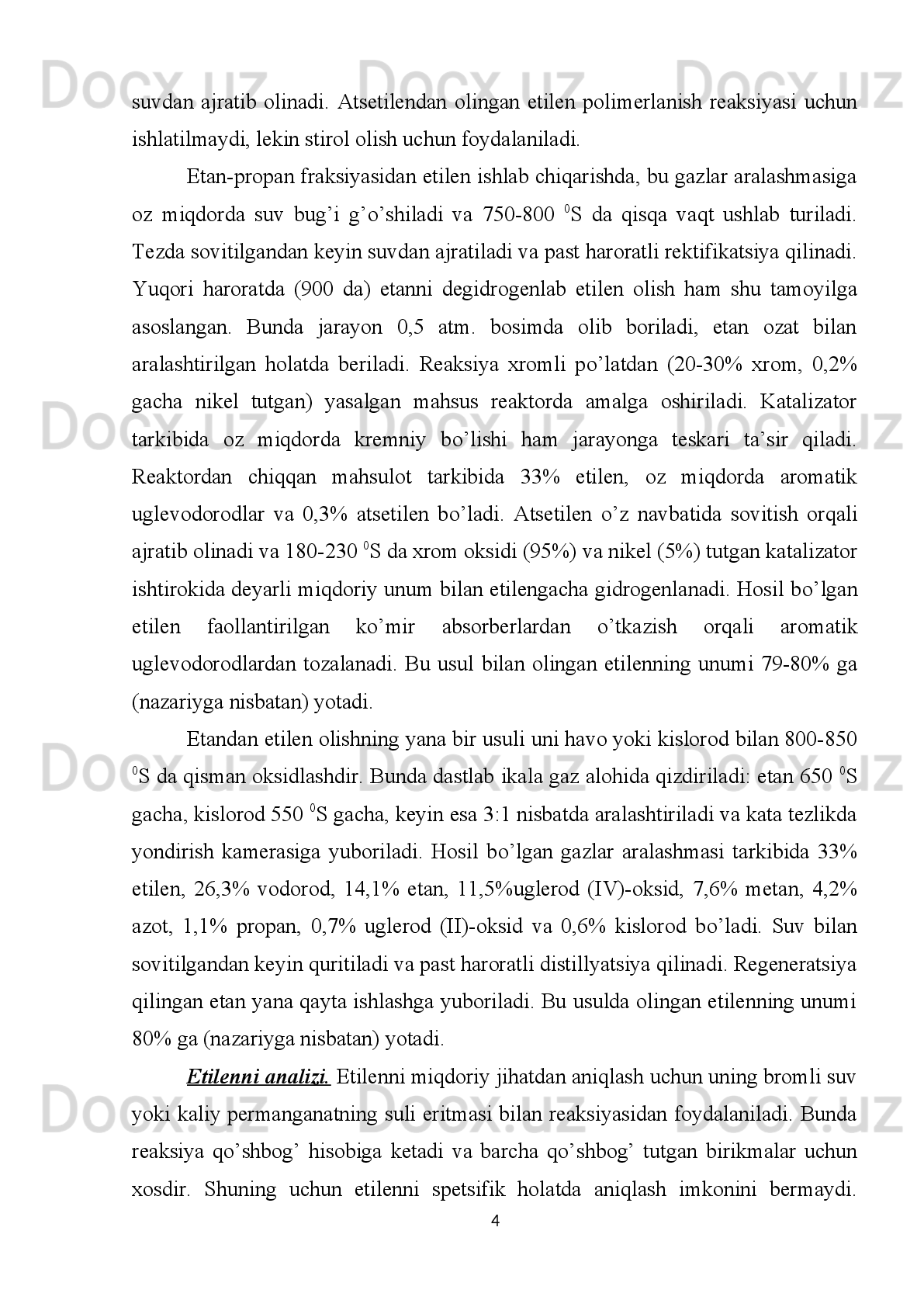 Bu   reaksiya   sanoatda   etilen   oksid   olish   uchun   q о ’llaniladi.   Etilen   oksidi
sanoatdagi muhim moddalardan hisoblanadi (1990 yilgi ma’lumotga k о ’ra yiliga 3
mln. tonnadan ortiq ishlab chiqariladi).
Epoksi   xalqasining   tuzilishi   deyarli   t о ’g’ri   uchburchakdan   iborat   (≈60   0
S)
b о ’lib, qutbli. Dipol momenti  μ q6,28·10 -30
 Klxm. Oddiy efirlarda esa SOS burchak
109-112  0
S,  μ q4·10 -30
 – 4,38·10 -30
 Klm. 
Etilen ozon ta’sirida oksidlanib, portlovchi modda ozonid hosil qiladi.+	
H
2	C	СH 2	
H2	C	СH 2	O 3	O	O	
O
Etilen palladiy tuzi ishtirokida suv bilan ta’sirlashib, aldegid hosil qiladi.	
+	+	H2C	СH2	+	H2O	CH3C	
O
H	
PdCl2	Pd	+	2HCl
Ma’lumki   PdCl
2   etilen   bilan   π-kompleks   hosil   qiladi.   π-kompleks   bilan   suv
birikib   palladiyorganik   birikma,   uning   parchalanishidan   esa   (yenol   forma   –   vinil
spirt orqali) sirka aldegid va palladiy hosil qilinadi.
+ +
CC H
3
C H
3
C H
3H
3 C C H
3 C C H
3
C H
3H
3 C
C H
4 C
C H
2
C H
3H
3 C
Bu   reaksiya   sanoatda   etilendan   sirka   aldegid   olishda   q о ’llaniladi.   Eritmaga
SuCl
2   q о ’shish   bilan   ajralib   chiqqan   palladiy   PdCl
2   ga   о ’tkaziladi.   Hosil   b о ’lgan
CuCl esa havo orqali CuCl
2  ga oksidlanadi.
Masalan,   agar   etilen   bromli   suv   orqli   o’tkazilsa,   brom   atomlarini   biriktirib
olishi natijasida bromli suv rangsizlanadi:
20 