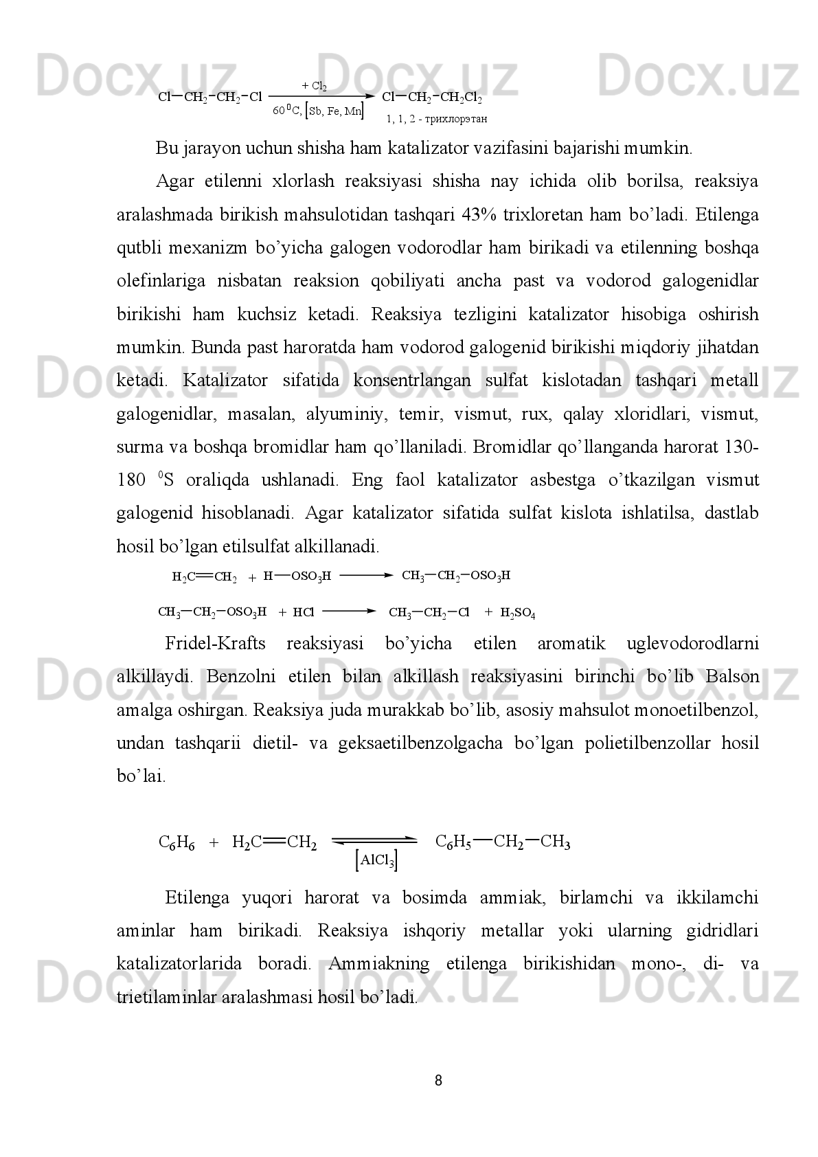 Xulosa
Neft   va   gaz   ko’rinishidagi   xom   ashyolarni   termik   krekinglashni,   yana   bir
ko’rinishi   piroliz   deb   atalib,   u   termik   krekingning   yuqori   temperaturada
o’tkaziladigan   formasidir.   Tarkibi   ko’p   miqdordagi   to’yinmagan   uglevodorod
gazlarini   olish   uchun   jarayon   asosan   670   dan   12000C   gacha   bo’lgan  
temperaturalarga   amalga   oshiriladi.   Odatda   piroliz   qurilmasini   birinchi   navbatda
etilen   olish   qurilmasi   deb   ham   ataladi.   Jarayon   propilen,   butadien   va   atsetilenni
maksimum chiqishiga yo’naltirilishi mumkin. Piroliz gazlari bilan bir qatorda kam
miqdorda   suyuq   mahsulot   –   smolalar   hosil   bo’ladi.   Smolalar   tarkibi   asosan   ko’p
miqdordagi   monosiklik  (benzol,   toluol,  ksilollar)   va   polisiklik  (naftalin,  antratsen
va boshqalar) aromatik uglevodorodlardir.  
Piroliz   orqali   olingan   etilen   polimerlar,   etilspirt   va   etilen   oksidi   ishlab   –
chiqarishga   yuboriladi.   Jarayonda   hosil   bo’ladigan   propilen   asosan   polipropilen,
akrilonitril va butadien ishlab-chiqarishda foydalaniladi.  
Piroliz   jarayoni   xom   ashyosi   sifatida   uglevodorodli   gazlar,   yengil   benzin
fraksiyalari,   gaz   kondensatlari,   katalitik   riforming   rafinatlari,   kerosin   va   gazoyl
fraksiyalari xizmat qiladi. So’nggi yillarda neft va neft qoldiqlari pirolizi bo’yicha
tadqiqotlar   o’tkazilmokda.   Jarayon   xom   ashyoni   tanlash   bilan   piroliz   maqsadi
aniqlanadi. Piroliz mahsulotlar chiqishi xom ashyo sifatiga va qurilma texnologik
rejimiga   bog’likdir.   Etanni   pirolizida   etilenni   chiqish   miqdori   ko’p   bo’ladi.   Xom
ashyoni   og’irlashishi   bilan   etilen  chiqishi   kamayadi   va   bir   vaqtda   piroliz   smolasi
va   koks   chiqishi   ortadi.   Jarayon   temperaturasini   oshirish   va   reakciya   vaqtini
kamaytirish   orqali   etilen   chiqishi   ko’payadi.   To’yinmagan   uglevodorodlar
chiqishini   oshirish   va   koks   hosil   bo’lishini   kamaytirish   uchun   Reaktsion
aralashmaga turli qo’shimchalar beriladi, masalan: suv bug’i, vodorod, metan yoki
vodorod-metan aralashmasi.  
Pirolizni   turli   ma`lum   variantlari   mavjud:   qattiq   issiqlik   tashuvchili,   o’ta
qizdirilgan   suv   bug’ida,   elektrorazryadli   naylarda,   kuchlanish   yoylarida,
katalizatorli   tizimda   hamda   sanoatda   keng   tarqalgani   quvurli   pechlarda
o’tkaziladigan pirolizdir.  
24 