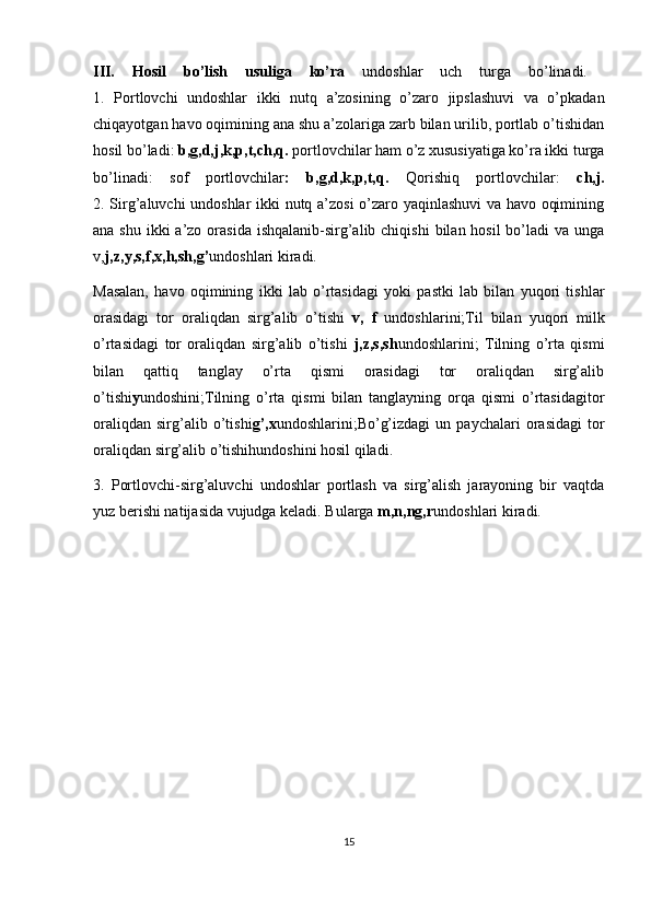 III.   Hosil   bo’lish   usuliga   ko’ra   undoshlar   uch   turga   bo’linadi.  
1.   Portlovchi   undoshlar   ikki   nutq   a’zosining   o’zaro   jipslashuvi   va   o’pkadan
chiqayotgan havo oqimining ana shu a’zolariga zarb bilan urilib, portlab o’tishidan
hosil bo’ladi:  b,g,d,j,k,p,t,ch,q.  portlovchilar ham o’z xususiyatiga ko’ra ikki turga
bo’linadi:   sof   portlovchilar :   b,g,d,k,p,t,q.   Qorishiq   portlovchilar:   ch,j.
2. Sirg’aluvchi undoshlar ikki nutq a’zosi o’zaro yaqinlashuvi va havo oqimining
ana shu  ikki  a’zo orasida  ishqalanib-sirg’alib chiqishi  bilan hosil  bo’ladi  va unga
v, j,z,y,s,f,x,h,sh,g’ undoshlari kiradi.
Masalan,   havo   oqimining   ikki   lab   o’rtasidagi   yoki   pastki   lab   bilan   yuqori   tishlar
orasidagi   tor   oraliqdan   sirg’alib   o’tishi   v,   f   undoshlarini;Til   bilan   yuqori   milk
o’rtasidagi   tor   oraliqdan   sirg’alib   o’tishi   j,z,s,sh undoshlarini;   Tilning   o’rta   qismi
bilan   qattiq   tanglay   o’rta   qismi   orasidagi   tor   oraliqdan   sirg’alib
o’tishi y undoshini;Tilning   o’rta   qismi   bilan   tanglayning   orqa   qismi   o’rtasidagitor
oraliqdan   sirg’alib  o’tishi g’,x undoshlarini;Bo’g’izdagi   un  paychalari   orasidagi   tor
oraliqdan sirg’alib o’tishihundoshini hosil qiladi.
3.   Portlovchi-sirg’aluvchi   undoshlar   portlash   va   sirg’alish   jarayoning   bir   vaqtda
yuz berishi natijasida vujudga keladi. Bularga  m,n,ng,r undoshlari kiradi.
15 