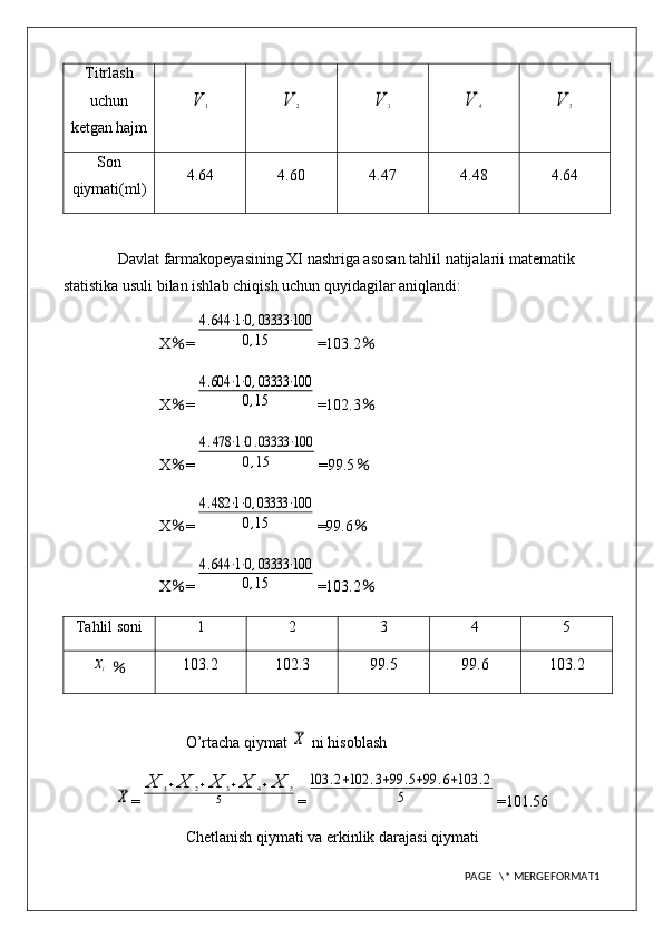 Titrlash
uchun
ketgan hajmV	1	V	2	V	3	V	4	V	5
Son
qiymati(ml) 4.64 4.60 4.47 4.48 4.64
Davlat farmakopeyasining XI nashriga asosan tahlil natijalarii matematik 
statistika usuli bilan ishlab chiqish uchun quyidagilar aniqlandi: 
X ％ =	
4.644	⋅1⋅0,03333	⋅100	
0,15 =103.2 ％
X ％ =	
4.604	⋅1⋅0,03333	⋅100	
0,15 =102.3 ％
X ％ =	
4.478	⋅1⋅0.03333	⋅100	
0,15 =99.5 ％
X ％ =	
4.482	⋅1⋅0,03333	⋅100	
0,15 =99.6 ％
X ％ =	
4.644	⋅1⋅0,03333	⋅100	
0,15 =103.2 ％
Tahlil soni 1 2 3 4 5	
xi
  ％ 103.2 102.3 99.5 99.6 103.2
O’rtacha qiymat 	
X  ni hisoblash	
X
=	
X	1+X	2+X	3+X	4+X	5	
5 =	
103	.2+102	.3+99	.5+99	.6+103	.2	
5 =101.56
Chetlanish qiymati va erkinlik darajasi qiymati
PAGE   \* MERGEFORMAT1 