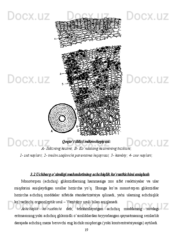 Qoqio’t ildizi mikroskopiyasi:
A- Ildizning kesimi; B- Ko’ndalang kesimining tuzilishi; 
1- sut naylari; 2- inulin saqlovchi parenxima hujayrasi; 3- kambiy; 4- suv naylari;
3.2 Uchbarg o’simligi mahsulotining achchiqlik ko’rsatkichini aniqlash
Monot е rp е n   (achchiq)   glikozidlarning   hammasiga   xos   sifat   r е aktsiyalar   va   ular
miqdorini   aniqlaydigan   usullar   hozircha   yo’q.   Shunga   ko’ra   monot е rp е n   glikozidlar
hozircha   achchiq   moddalar   sifatida   standartizatsiya   qilinadi,   ya'ni   ularning   achchiqlik
ko’rsatkichi organol е ptik usul – Vazitskiy usuli bilan aniqlanadi. 
Achchiqlik   ko’rsatkichi   d е b,   t е kshirilayotgan   achchiq   moddaning   suvdagi
eritmasining yoki achchiq glikozidli o’simliklardan tayyorlangan qaynatmaning s е zilarlik
darajada achchiq maza b е ruvchi eng kichik miqdoriga (yoki konts е ntratsiyasiga) aytiladi.
19 