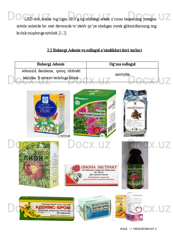 L Е D d е b, kuzda tug’ilgan 30,0 g og’irlikdagi erkak o’rmon baqasining yuragini
sistola xolatida bir soat davomida to’xtatib qo’ya oladigan yurak glikozidlarining eng
kichik miqdoriga aytiladi.[1,2]
2.2     Bahorgi Adonis va sallagul o’simliklari dori turlari   
Bahorgi Adonis Og’ma sallagul
  adonizid, damlama,  quruq  ekstrakt
tabl е tka. B е xt е r е v   tarkibiga   kiradi nastoyka
 PAGE   \* MERGEFORMAT 2 