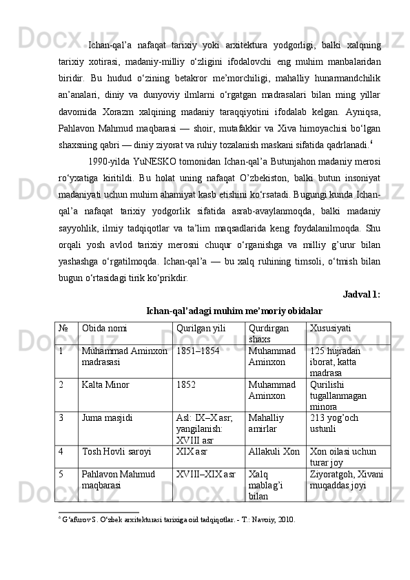 Ichan-qal’a   nafaqat   tarixiy   yoki   arxitektura   yodgorligi,   balki   xalqning
tarixiy   xotirasi,   madaniy-milliy   o‘zligini   ifodalovchi   eng   muhim   manbalaridan
biridir.   Bu   hudud   o‘zining   betakror   me’morchiligi,   mahalliy   hunarmandchilik
an’analari,   diniy   va   dunyoviy   ilmlarni   o‘rgatgan   madrasalari   bilan   ming   yillar
davomida   Xorazm   xalqining   madaniy   taraqqiyotini   ifodalab   kelgan.   Ayniqsa,
Pahlavon   Mahmud   maqbarasi   —   shoir,   mutafakkir   va   Xiva   himoyachisi   bo‘lgan
shaxsning qabri — diniy ziyorat va ruhiy tozalanish maskani sifatida qadrlanadi. 6
1990-yilda YuNESKO tomonidan Ichan-qal’a  Butunjahon madaniy merosi
ro‘yxatiga   kiritildi.   Bu   holat   uning   nafaqat   O’zbekiston,   balki   butun   insoniyat
madaniyati uchun muhim ahamiyat kasb etishini ko‘rsatadi. Bugungi kunda Ichan-
qal’a   nafaqat   tarixiy   yodgorlik   sifatida   asrab-avaylanmoqda,   balki   madaniy
sayyohlik,   ilmiy   tadqiqotlar   va   ta’lim   maqsadlarida   keng   foydalanilmoqda.   Shu
orqali   yosh   avlod   tarixiy   merosni   chuqur   o‘rganishga   va   milliy   g’urur   bilan
yashashga   o‘rgatilmoqda.   Ichan-qal’a   —   bu   xalq   ruhining   timsoli,   o‘tmish   bilan
bugun o‘rtasidagi tirik ko‘prikdir.
Jadval 1: 
Ichan-qal’adagi muhim me’moriy obidalar
№ Obida nomi Qurilgan yili Qurdirgan 
shaxs Xususiyati
1 Muhammad Aminxon
madrasasi 1851–1854 Muhammad 
Aminxon 125 hujradan 
iborat, katta 
madrasa
2 Kalta Minor 1852 Muhammad 
Aminxon Qurilishi 
tugallanmagan 
minora
3 Juma masjidi Asl: IX–X asr; 
yangilanish: 
XVIII asr Mahalliy 
amirlar 213 yog’och 
ustunli
4 Tosh Hovli saroyi XIX asr Allakuli Xon Xon oilasi uchun 
turar joy
5 Pahlavon Mahmud 
maqbarasi XVIII–XIX asr Xalq 
mablag’i 
bilan Ziyoratgoh, Xivani 
muqaddas joyi
6
  G‘afurov S. O‘zbek arxitekturasi tarixiga oid tadqiqotlar. - T.: Navoiy, 2010. 