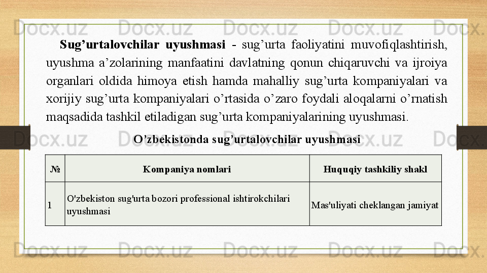 Sug’urtalovchilar  uyushmasi   -  sug’urta  faoliyatini  muvofiqlashtirish, 
uyushma  a’zolarining  manfaatini  davlatning  qonun  chiqaruvchi  va  ijroiya 
organlari  oldida  himoya  etish  hamda  mahalliy  sug’urta  kompaniyalari  va 
xorijiy  sug’urta  kompaniyalari  o’rtasida  o’zaro  foydali  aloqalarni  o’rnatish 
maqsadida tashkil etiladigan sug’urta kompaniyalarining uyushmasi. 
O’zbekistonda sug’urtalovchilar uyushmasi
№ Kompaniya nomlari Huquqiy tashkiliy shakl
1 O'zbekiston sug'urta bozori professional ishtirokchilari 
uyushmasi Mas'uliyati cheklangan jamiyat 