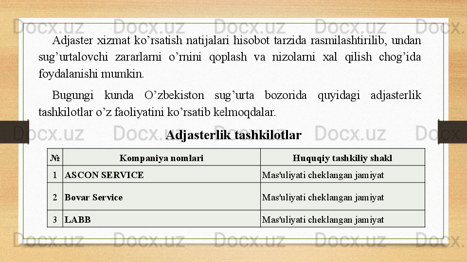 Adjaster  xizmat  ko’rsatish  natijalari  hisobot  tarzida  rasmilashtirilib,  undan 
sug’urtalovchi  zararlarni  o’rnini  qoplash  va  nizolarni  xal  qilish  chog’ida 
foydalanishi mumkin.
Bugungi  kunda  O’zbekiston  sug’urta  bozorida  quyidagi  adjasterlik 
tashkilotlar o’z faoliyatini ko’rsatib kelmoqdalar.
№ Kompaniya nomlari Huquqiy tashkiliy shakl
1 ASCON SERVICE Mas'uliyati cheklangan jamiyat
2 Bovar Service Mas'uliyati cheklangan jamiyat
3 LABB Mas'uliyati cheklangan jamiyatAdjasterlik tashkilotlar 