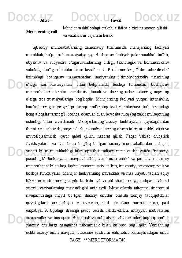 Jihat Tavsif
Menejerning roli Menejer   tashkilotdagi   etakchi   sifatida   o ‘ zini   namoyon   qilishi  
va   vazifalarni   bajarishi   kerak .
Iqtisodiy   munosabatlarning   zamonaviy   tuzilmasida   menejerning   faoliyati
murakkab ,  ko ‘ p   qirrali   xususiyatga   ega .	  Boshqaruv   faoliyati   juda   murakkab   bo ‘ lib ,
obyektiv   va   subyektiv   o ‘ zgaruvchilarning   birligi ,	
  texnologik   va   kommunikativ
vakolatga   bo ‘ lgan   talablar   bilan   tavsiflanadi .	
  Bir   tomondan ,	 " lider – subordinate "
tizimidagi   boshqaruv   munosabatlari   jamiyatning   ijtimoiy - iqtisodiy   tizimining
o ‘ ziga   xos   xususiyatlari   bilan   belgilanadi ,	
  boshqa   tomondan ,	  boshqaruv
munosabatlari   odamlar   orasida   rivojlanadi   va   shuning   uchun   ularning   ongining
o ‘ ziga   xos   xususiyatlariga   bog ‘ liqdir .	
  Menejerning   faoliyati   yuqori   intensivlik ,
harakatlarning   to ‘ yinganligi ,	
  tashqi   omillarning   tez - tez   aralashuvi ,	  turli   darajadagi
keng   aloqalar   tarmog ‘ i ,	
  boshqa   odamlar   bilan   bevosita   nutq  	( og ‘ zaki )	  muloqotning
ustunligi   bilan   tavsiflanadi .	
  Menejerlarning   asosiy   funktsiyalari   quyidagilardan
iborat :	
  rejalashtirish ,	  prognozlash ,	  subordinatlarning   o ‘ zaro   ta ’ sirini   tashkil   etish   va
muvofiqlashtirish ,	
  qaror   qabul   qilish ,	  nazorat   qilish .	  Faqat  	" ishlab   chiqarish
funktsiyalari "	
  va   ular   bilan   bog ‘ liq   bo ‘ lgan   rasmiy   munosabatlardan   tashqari ,
yuqori   bilim   murakkabligi   bilan   ajralib   turadigan   menejer   faoliyatida  	
" ijtimoiy -
psixologik "	
  funktsiyalar   mavjud   bo ‘ lib ,	  ular  	" inson   omili "	  va   jamoada   norasmiy
munosabatlar   bilan   bog ‘ liqdir :	
  kommunikativ ,	  ta ’ lim ,	  intizomiy ,	  psixoterapevtik   va
boshqa   funktsiyalar .	
  Menejer   faoliyatining   murakkab   va   mas ’ uliyatli   tabiati   aqliy
t ü kenme   sindromining   paydo   bo ‘ lishi   uchun   old   shartlarni   yaratadigan   turli   xil
stressli   vaziyatlarning   mavjudligini   aniqlaydi .	
  Menejerlarda   t ü kenme   sindromini
rivojlantirishga   moyil   bo ‘ lgan   shaxsiy   omillar   orasida   xorijiy   tadqiqotchilar
quyidagilarni   aniqlashgan :	
  introversion ,	  past   o ‘ z - o ‘ zini   hurmat   qilish ,	  past
empatiya ,	
  A   tipidagi   stressga   javob   berish ,	  ishchi - olizm ,	  muayyan   motivatsion
xususiyatlar   va   boshqalar .	
  Biroq ,	  ish   va   xulq - atvor   uslublari   bilan   bog ‘ liq   omillar
shaxsiy   omillarga   qaraganda   t ü kenmi ş lik   bilan   ko ‘ proq   bog ‘ liqdir .	
  Yonishning
uchta   asosiy   omili   mavjud :	
  T ü kenme   sindromi   ehtimolini   kamaytiradigan   omil :
PAGE	
   \*	 MERGEFORMAT40 