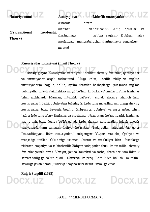 Nazariya nomi Asosiy g‘oya Liderlik xususiyatlari
(Transactional   Leadership
Theory) o‘rtasida 	o‘zaro
manfaat	
 	va
shartnomaga
asoslangan	
 munosabat
mavjud. boshqaruv-	
 	Aniq	 	qoidalar	 	va
tartibni	
 saqlash-	 Kutilgan	 natija
uchun	
 shartnomaviy	 yondashuv
Xususiyatlar nazariyasi (Trait Theory)
Asosiy g‘oya:  	
Xususiyatlar	 nazariyasi	 liderlikni	 shaxsiy	 fazilatlar,	 qobiliyatlar
va	
 xususiyatlar	 orqali	 tushuntiradi.	 Unga	 ko‘ra,	 liderlik	 tabiiy	 va	 tug‘ma
xususiyatlarga	
 bog‘liq	 bo‘lib,	 ayrim	 shaxslar	 boshqalarga	 qaraganda	 tug‘ma
qobiliyatlar	
 tufayli	 etakchilikka	 moyil	 bo‘ladi.	 Liderlik	 ko‘pincha	 tug‘ma	 fazilatlar
bilan	
 izohlanadi.	 Masalan,	 intellekt,	 qat’iyat,	 jasorat,	 shaxsiy	 ishonch	 kabi
xususiyatlar	
 liderlik	 qobiliyatini	 belgilaydi.	 Liderning	 muvaffaqiyati	 uning	 shaxsiy
xususiyatlari	
 bilan	 bevosita	 bog‘liq.	 Xulq-atvor,	 qobiliyat	 va	 qaror	 qabul	 qilish
tezligi	
 liderning	 tabiiy	 fazilatlariga	 asoslanadi.	 Nazariyaga	 ko‘ra,	 liderlik	 fazilatlari
vaqt	
 o‘tishi	 bilan	 doimiy	 bo‘lib	 qoladi.	 Lider	 shaxsiy	 xususiyatlari	 tufayli	 stressli
vaziyatlarda	
 ham	 samarali	 faoliyat	 ko‘rsatadi.	 Tadqiqotlar	 natijasida	 bir	 qator
“muvaffaqiyatli	
 lider	 xususiyatlari”	 aniqlangan:	 Yuqori	 intellekt,	 Qat’iyat	 va
maqsadga	
 intilish,	 O‘z-o‘ziga	 ishonch,	 Jasorat	 va	 mas’uliyat	 hissi,	 Insonlarga
nisbatan	
 empatiya	 va	 ta’sirchanlik	 Xalqaro	 tadqiqotlar	 shuni	 ko‘rsatadiki,	 shaxsiy
fazilatlar	
 yetarli	 emas.	 Vaziyat,	 jamoa	 konteksti	 va	 tashqi	 sharoitlar	 ham	 liderlik
samaradorligiga	
 ta’sir	 qiladi.	 Nazariya	 ko‘proq	 “kim	 lider	 bo‘lishi	 mumkin”
savoliga	
 javob	 beradi,	 “lider	 qanday	 bo‘lishi	 kerak”	 savoliga	 emas.
Ralph Stogdill (1948):
PAGE	
   \*	 MERGEFORMAT40 