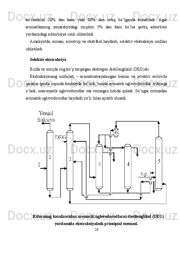ko’rsatkich   20%   dan   kam   yoki   80%   dan   or tiq   bo’lganda   kuzatiladi.   А gar
aromatikaning   xomashyodagi   miqdori   5%   dan   kam   bo’lsa   qattiq   adsorbent
yordamidagi adsorbsiya usuli ishlatiladi.
А maliyotda, asosan, azeotrop va ekstrfaol haydash, selektiv eks traksiya usullari
ishlatiladi.
Selektiv ekstraksiya
Bizda va xorijda eng ko’p tarqalgan ekstragen dietilenglikol (DEG)dir.
Ekstraksiyaning   mohiyati   –   aromatizatsiyalangan   benzin   va   se lektiv   erituvchi
qarama-qarshi oqimda kontaktda bo’ladi, bunda aro matik uglevodorodlar eritmaga
o’tadi, noaromatik uglevodorodlar  esa  erimagan holida qoladi. So’ngra eritmadan
aromatik uglevodo rodlar haydash yo’li bilan ajratib olinadi
Riforming katalizatidan aromatik uglevodorodlarni dietilenglikol (DEG)
yordamida ekstraksiyalash prinsipial sxemasi.
23 