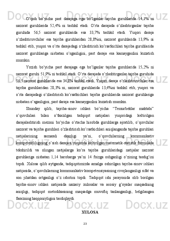 O’qish   bo’yicha   past   darajaga   ega   bo’lganlar   tajriba   guruhlarida   14,1%   ni
nazorat   guruhlarida   52,4%   ni   tashkil   etadi.   O’rta   darajada   o’zlashtirganlar   tajriba
guruhida   56,5   nazorat   guruhlarida   esa   33,7%   tashkil   etadi.   Yuqori   daraja
o’zlashtiruvchilar   esa   tajriba   guruhlaridan   28,8%ni,   nazorat   guruhlarida   13,9%   ni
tashkil etib, yuqori va o’rta darajadagi o’zlashtirish ko’rsatkichlari tajriba guruhlarida
nazorat   guruhlariga   nisbatan   o’sganligini,   past   daraja   esa   kamayganlini   kuzatish
mumkin.  
Yozish   bo’yicha   past   darajaga   ega   bo’lganlar   tajriba   guruhlarida   15,2%   ni
nazorat guruhi 51,9% ni tashkil etadi. O’rta darajada o’zlashtirganlar tajriba guruhida
56,5 nazorat guruhlarida esa 34,8% tashkil etadi. Yuqori daraja o’zlashtiruvchilar esa
tajriba   guruhlaridan   28,3%   ni,   nazorat   guruhlarida   13,4%ni   tashkil   etib,   yuqori   va
o’rta   darajadagi   o’zlashtirish   ko’rsatkichlari   tajriba   guruhlarida   nazorat   guruhlariga
nisbatan o’sganligini, past daraja esa kamayganlini kuzatish mumkin. 
Shunday   qilib,   tajriba-sinov   ishlari   bo’yicha   “Temurbeklar   maktabi”
o’quvchilari   bilan   o’tkazilgan   tadqiqot   natijalari   yuqoridagi   keltirilgan
darajalashtirish   mezoni   bo’yicha   o’rtacha   hisobda   guruhlarga   ajratilib,   o’quvchilar
nazorat va tajriba guruhlari o’zlashtirish ko’rsatkichlari aniqlanganda tajriba guruhlari
natijalarining   samarali   ekanligi   ya’ni,   o’quvchilarning   kommunikativ
kompetentliligining o’sish darajasi yuqorida keltirilgan matematik-statistik formulada
tekshirildi   va   olingan   natijalarga   ko’ra   tajriba   guruhlaridagi   natijalar   nazorat
guruhlariga   nisbatan   1,14   barobarga   ya’ni   14   foizga   oshganligi   o’zining   tasdig’ini
topdi.   Xulosa   qilib   aytganda,   tadqiqotimizda   amalga   oshirilgan   tajriba-sinov   ishlari
natijasida, o’quvchilarning kommunikativ kompetensiyasining rivojlanganligi sifat va
son   jihatdan   ortganligi   o’z   isbotini   topdi.   Tadqiqot   ishi   jarayonida   olib   borilgan
tajriba-sinov   ishlari   natijasida   nazariy   xulosalar   va   asosiy   g’oyalar   maqsadning
aniqligi,   tadqiqot   metodikasining   maqsadga   muvofiq   tanlanganligi,   belgilangan
farazning haqqoniyligini tasdiqlaydi. 
 
XULOSA 
 
23  
  