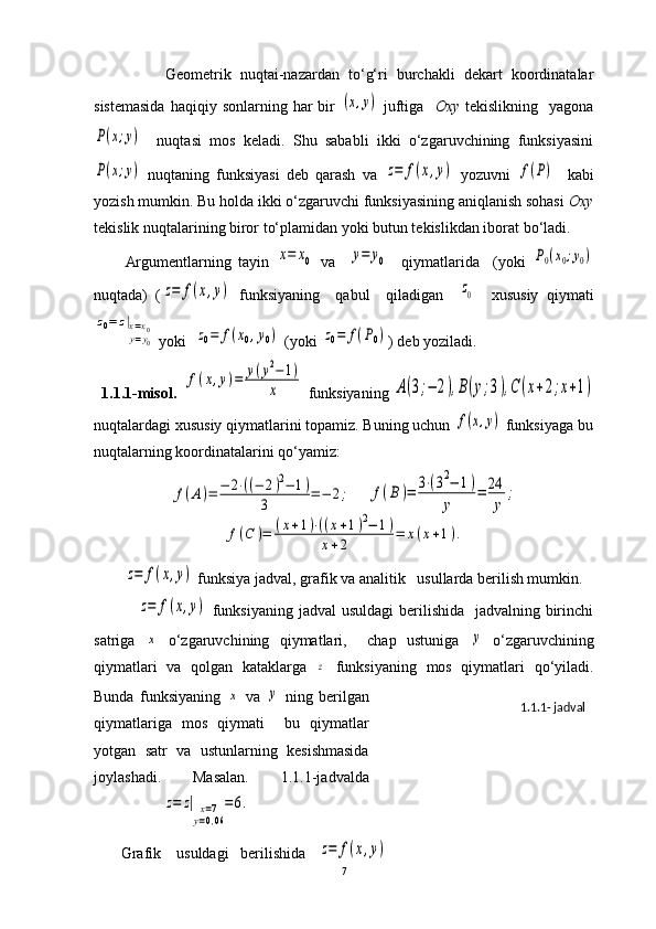                 Geometrik   nuqtai-nazardan   to‘g‘ri   burchakli   dekart   koordinatalar
sistemasida  haqiqiy  sonlarning   har  bir  (x,y)   juftiga     Oxy   tekislikning    yagona	
P(x;y)
    nuqtasi   mos   keladi.   Shu   sababli   ikki   o‘zgaruvchining   funksiyasini	
P(x;y)
  nuqtaning   funksiyasi   deb   qarash   va  	z=	f(x,y)   yozuvni  	f(P)     kabi
yozish mumkin. Bu holda ikki o‘zgaruvchi funksiyasining aniqlanish sohasi  Oxy
tekislik nuqtalarining biror to‘plamidan yoki butun tekislikdan iborat bo‘ladi. 
Argumentlarning   tayin  	
x=	x0   va    	y=	y0     qiymatlarida     (yoki  	P0(x0;y0)
n uqtada)   (	
z=	f(x,y)   funksiyaning     qabul     qiladigan    	z0     xususiy   qiymati	
z0=	z|x=x0	y=y0
 yoki  	z0=	f(x0,y0)  (yoki 	z0=	f(P0) ) deb yoziladi. 
  1.1.1-misol.    	
f(x,y)=	y(y2−	1)	
x  funksiyaning 	A(3;−	2),B(y;3),C	(x+2;x+1)   
nuqtalardagi xususiy qiymatlarini topamiz. Buning uchun 	
f(x,y)  funksiy a ga bu
nuqtalarning koordinatalarini qo ‘ yamiz:	
f(A)=	−	2⋅((−	2)2−	1)	
3	=−	2;
    	f(B	)=	3⋅(32−	1)	
y	
=	24
y	
;	
f(C	)=	(x+1)⋅((x+1)2−	1)	
x+2	=	x(x+1).	
z=	f(x,y)
 funksiya jadval, grafik va analitik   usullarda berilish mumkin. 
               	
z=	f(x,y)   funksiyaning jadval  usuldagi  berilishida   jadvalning birinchi
satriga  	
x   o‘zgaruvchining   qiymatlari,     chap   ustuniga  	y   o‘zgaruvchining
qiymatlari   va   qolgan   kataklarga  	
z   funksiyaning   mos   qiymatlari   qo‘yiladi.
Bunda   funksiyaning  	
x   va  	y   ning   berilgan
qiymatlariga   mos   qiymati     bu   qiymatlar
yotgan   satr   va   ustunlarning   kesishmasida
joylashadi.   Masalan.   1.1.1-jadvalda
ihifhvhihu  	
z=	z|	x=7	
y=0,06
=6.
       Grafik    usuldagi   berilishida   	
z=	f(x,y)
7 1.1.1- jadval 
