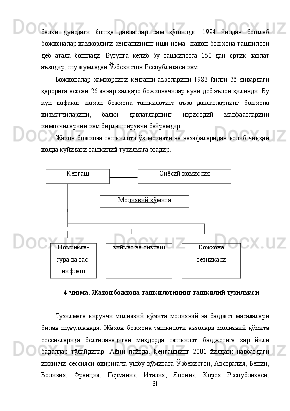 балки   дунёдаги   бошқа   давлатлар   хам   қўшилди.   1994   йилдан   бошлаб
божхоналар хамкорлиги кенгашининг иши нома- жахон божхона ташкилоти
деб   атала   бошлади.   Бугунга   келиб   бу   ташкилотга   150   дан   ортиқ   давлат
аъзодир, шу жумладан Ўзбекистон Республикаси хам.
Божхоналар   хамкорлиги   кенгаши   аъзоларини   1983   йилги   26   январдаги
қарорига асосан 26 январ халқаро божхоначилар куни деб эълон қилинди. Бу
кун   нафақат   жахон   божхона   ташкилотига   аъзо   давлатларнинг   божхона
хизматчиларини,   балки   давлатларнинг   иқтисодий   манфаатларини
химоячиларини хам бирлаштирувчи байрамдир.
Жахон   божхона  ташкилоти   ўз   мохияти   ва   вазифаларидан   келиб   чиққан
холда қуйидаги ташкилий тузилмага эгадир.
Кенгаш Сиёсий комиссия
Молиявий қўмита
Номенкла-
тура ва тас-
нифлаш қ иймат ва   тиклаш Божхона
тезникаси
 
4-чизма . Жахон божхона ташкилотининг ташкилий тузилмаси .
Тузилмага   кирувчи   молиявий   қўмита   молиявий   ва   бюджет   масалалари
билан   шуғулланади.   Жахон   божхона   ташкилоти   аъзолари   молиявий   қўмита
сессияларида   белгиланадиган   миқдорда   ташкилот   бюджетига   хар   йили
бадаллар   тўлайдилар.   Айни   пайтда.   Кенгашнинг   2001   йилдаги   навбатдаги
иккинчи   сессияси   охиригача   ушбу   қўмитага   Ўзбекистон,   Австралия,   Бенин,
Боливия,   Франция,   Германия,   Италия,   Япония,   Корея   Республикаси,
31 