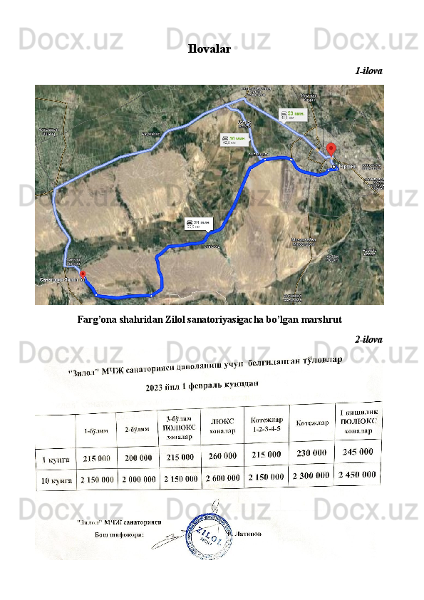 Ilovalar
1-ilova
Farg’ona shahridan Zilol sanatoriyasigacha bo’lgan marshrut
2-ilova 