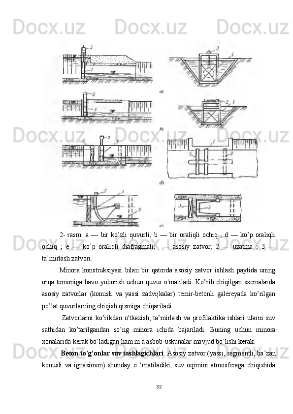 2-   rasm:   a   —   bir   ko’zli   quvurli;   b   —   bir   oraliqli   ochiq   ;   d   —   ko’p   oraliqli
ochiq   ;   e   —   ko’p   oraliqli   diafragmali;     —   asosiy   zatvor;   2   —   uzatma   ;   3   —
ta’mirlash zatvori.
Minora   konstruksiyasi   bilan   bir   qatorda   asosiy   zatvor   ishlash   paytida   uning
orqa tomoniga havo yuborish uchun quvur o'rnatiladi. Ko’rib chiqilgan sxemalarda
asosiy   zatvorlar   (konusli   va   yassi   zadvijkalar)   temir-betonli   galereyada   ko’rilgan
po’lat quvurlarning chiqish qismiga chiqariladi.
  Zatvorlarni   ko’rikdan   o'tkazish,   ta’mirlash   va   profilaktika   ishlari   ularni   suv
sathidan   ko’tarilgandan   so’ng   minora   ichida   bajariladi.   Buning   uchun   minora
xonalarida kerak bo’ladigan ham m a asbob-uskunalar mavjud bo’lishi kerak.
 Beton to’g’onlar suv tashlagichlari . Asosiy zatvor (yassi, segmentli, ba’zan
konusli   va   ignasimon)   shunday   o   ‘rnatiladiki,   suv   oqimini   atmosferaga   chiqishida
32