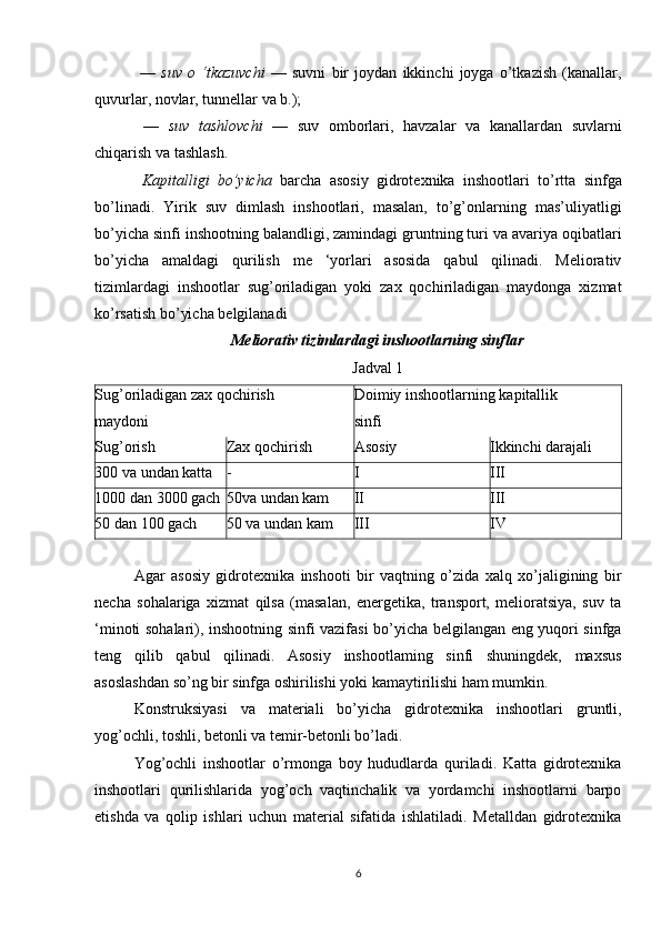   —   suv   о   ‘tkazuvchi   —   suvni   bir   joydan   ikkinchi   joyga   o’tkazish   (kanallar,
quvurlar, novlar, tunnellar va b.);
  —   suv   tashlovchi   —   suv   omborlari,   havzalar   va   kanallardan   suvlarni
chiqarish va tashlash.
  Kapitalligi   bo’yicha   barcha   asosiy   gidrotexnika   inshootlari   to’rtta   sinfga
bo’linadi.   Yirik   suv   dimlash   inshootlari,   masalan,   to’g’onlarning   mas’uliyatligi
bo’yicha sinfi inshootning balandligi, zamindagi gruntning turi va avariya oqibatlari
bo’yicha   amaldagi   qurilish   me   ‘yorlari   asosida   qabul   qilinadi.   Meliorativ
tizimlardagi   inshootlar   sug’oriladigan   yoki   zax   qochiriladigan   maydonga   xizmat
ko’rsatish bo’yicha belgilanadi
Meliorativ tizimlardagi inshootlarning sinflar
Jadval 1
Sug’oriladigan zax qochirish 
maydoni Doimiy inshootlarning kapitallik
sinfi
Sug’orish Zax qochirish Asosiy Ikkinchi darajali
300 va undan katta - I III
1000 dan 3000 gach 50va undan kam  II III
50 dan 100 gach  50 va undan kam  III IV
Agar   asosiy   gidrotexnika   inshooti   bir   vaqtning   o’zida   xalq   xo’jaligining   bir
necha   sohalariga   xizmat   qilsa   (masalan,   energetika,   transport,   melioratsiya,   suv   ta
‘minoti sohalari), inshootning sinfi vazifasi bo’yicha belgilangan eng yuqori sinfga
teng   qilib   qabul   qilinadi.   Asosiy   inshootlaming   sinfi   shuningdek,   maxsus
asoslashdan so’ng bir sinfga oshirilishi yoki kamaytirilishi ham mumkin. 
Konstruksiyasi   va   materiali   bo’yicha   gidrotexnika   inshootlari   gruntli,
yog’ochli, toshli, betonli va temir-betonli bo’ladi. 
Yog’ochli   inshootlar   o’rmonga   boy   hududlarda   quriladi.   Katta   gidrotexnika
inshootlari   qurilishlarida   yog’och   vaqtinchalik   va   yordamchi   inshootlarni   barpo
etishda   va   qolip   ishlari   uchun   material   sifatida   ishlatiladi.   Metalldan   gidrotexnika
6 