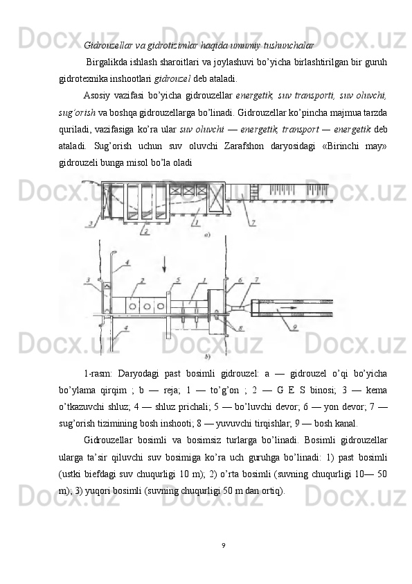 Gidrouzellar va gidrotizimlar haqida umumiy tushunchalar
 Birgalikda ishlash sharoitlari va joylashuvi bo’yicha birlashtirilgan bir guruh
gidrotexnika inshootlari  gidrouzel  deb ataladi.
Asosiy   vazifasi   bo’yicha   gidrouzellar   energetik,   suv   transporti,   suv   oluvchi,
sug’orish  va boshqa gidrouzellarga bo’linadi. Gidrouzellar ko’pincha majmua tarzda
quriladi, vazifasiga ko’ra ular   suv oluvchi   —   energetik, transport  —   energetik   deb
ataladi.   Sug’orish   uchun   suv   oluvchi   Zarafshon   daryosidagi   «Birinchi   may»
gidrouzeli bunga misol bo’la oladi
1-rasm:   Daryodagi   past   bosimli   gidrouzel:   a   —   gidrouzel   o’qi   bo’yicha
bo’ylama   qirqim   ;   b   —   reja;   1   —   to’g’on   ;   2   —   G   E   S   binosi;   3   —   kema
o’tkazuvchi shluz; 4 — shluz prichali; 5 — bo’luvchi devor; 6 — yon devor; 7 —
sug’orish tizimining bosh inshooti; 8 — yuvuvchi tirqishlar; 9 — bosh kanal .
Gidrouzellar   bosimli   va   bosimsiz   turlarga   bo’linadi.   Bosimli   gidrouzellar
ularga   ta’sir   qiluvchi   suv   bosimiga   ko’ra   uch   guruhga   bo’linadi:   1)   past   bosimli
(ustki  biefdagi  suv chuqurligi  10 m); 2)  o’rta bosimli (suvning chuqurligi  10— 50
m); 3) yuqori bosimli (suvning chuqurligi 50 m dan ortiq). 
9
