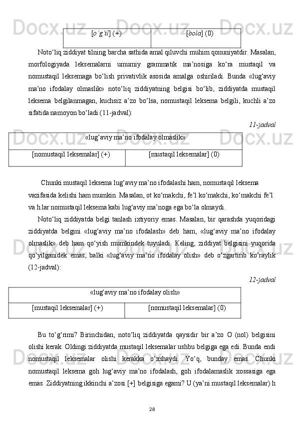 [ o‘g‘il ] (+) [ bola ] (0)
Noto‘liq ziddiyat tilning barcha sathida amal qiluvchi muhim qonuniyatdir. Masalan,
morfologiyada   leksemalarni   umumiy   grammatik   ma’nosiga   ko‘ra   mustaqil   va
nomustaqil   leksemaga   bo‘lish   privativlik   asosida   amalga   oshiriladi.   Bunda   «lug‘aviy
ma’no   ifodalay   olmaslik»   noto‘liq   ziddiyatning   belgisi   bo‘lib,   ziddiyatda   mustaqil
leksema   belgilanmagan,   kuchsiz   a’zo   bo‘lsa,   nomustaqil   leksema   belgili,   kuchli   a’zo
sifatida namoyon bo‘ladi (11-jadval): 
                                 11-jadval               
«lug‘aviy ma’no ifodalay olmaslik»
[nomustaqil leksemalar] (+) [mustaqil leksemalar] (0)
 
Chunki mustaqil leksema lug‘aviy ma’no ifodalashi ham, nomustaqil leksema 
vazifasida kelishi ham mumkin. Masalan, ot ko‘makchi, fe’l ko‘makchi, ko‘makchi fe’l 
va h.lar nomustaqil leksema kabi lug‘aviy ma’noga ega bo‘la olmaydi. 
Noto‘liq   ziddiyatda   belgi   tanlash   ixtiyoriy   emas.   Masalan,   bir   qarashda   yuqoridagi
ziddiyatda   belgini   «lug‘aviy   ma’no   ifodalash»   deb   ham,   «lug‘aviy   ma’no   ifodalay
olmaslik»   deb   ham   qo‘yish   mumkindek   tuyuladi.   К eling,   ziddiyat   belgisini   yuqorida
qo‘yilganidek   emas,   balki   «lug‘aviy   ma’no   ifodalay   olish»   deb   o‘zgartirib   ko‘raylik
(12-jadval):  
                                 12-jadval               
«lug‘aviy ma’no ifodalay olish»
[mustaqil leksemalar] (+) [nomustaqil leksemalar] (0)
 
Bu   to‘g‘rimi?   Birinchidan,   noto‘liq   ziddiyatda   qaysidir   bir   a’zo   O   (nol)   belgisini
olishi kerak. Oldingi ziddiyatda mustaqil leksemalar ushbu belgiga ega edi. Bunda endi
nomustaqil   leksemalar   olishi   kerakka   o‘xshaydi.   Yo‘q,   bunday   emas.   Chunki
nomustaqil   leksema   goh   lug‘aviy   ma’no   ifodalash,   goh   ifodalamaslik   xossasiga   ega
emas. Ziddiyatning ikkinchi a’zosi [+] belgisiga egami? U (ya’ni mustaqil leksemalar) h
28 