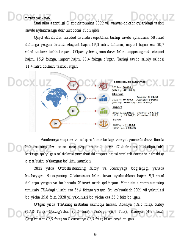 T.:TDIU, 2011.- 276 b.
Statistika agentligi O‘zbekistonning 2022 yil yanvar-dekabr oylaridagi tashqi
savdo aylanmasiga doir hisobotni   e’lon qildi .
Qayd etilishicha, hisobot davrida respublika tashqi  savdo aylanmasi  50 mlrd
dollarga   yetgan.   Bunda   eksport   hajmi   19,3   mlrd   dollarni,   import   hajmi   esa   30,7
mlrd dollarni tashkil etgan. O‘tgan yilning mos davri bilan taqqoslaganda eksport
hajmi   15,9   foizga,   import   hajmi   20,4   foizga   o‘sgan.   Tashqi   savdo   salbiy   saldosi
11,4 mlrd dollarni tashkil etgan.
Pandemiya inqirozi va xalqaro bozorlardagi vaziyat yomonlashuvi fonida
hukumatning   bir   qator   oziq-ovqat   mahsulotlarini   O‘zbekiston   hududiga   olib
kirishga qo‘yilgan to‘siqlarni yumshatishi import hajmi sezilarli darajada oshishiga
o‘z ta’sirini o‘tkazgan bo‘lishi mumkin.
2022   yilda   O‘zbekistonning   Xitoy   va   Rossiyaga   bog‘liqligi   yanada
kuchaygan.   Rossiyaning   O‘zbekiston   bilan   tovar   ayirboshlash   hajmi   9,3   mlrd
dollarga   yetgan   va   bu   borada   Xitoyni   ortda   qoldirgan.   Har   ikkala   mamlakatning
umumiy TSAdagi ulushi esa 36,4 foizga yetgan. Bu ko‘rsatkich 2021 yil yakunlari
bo‘yicha 35,6 foiz, 2020 yil yakunlari bo‘yicha esa 33,2 foiz bo‘lgan.
O‘tgan   yilda   TSAning   nisbatan   salmoqli   hissasi   Rossiya   (18,6   foiz),   Xitoy
(17,8   foiz),   Qozog‘iston   (9,2   foiz),   Turkiya   (6,4   foiz),   Koreya   (4,7   foiz),
Qirg‘iziston (2,5 foiz) va Germaniya (2,3 foiz) bilan qayd etilgan.
36 