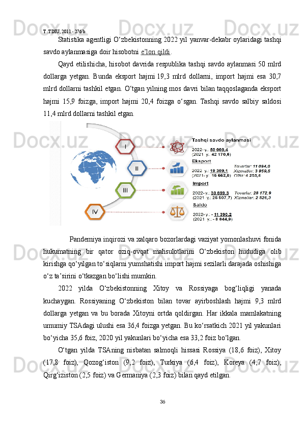T.:TDIU, 2011.- 276 b.
Statistika agentligi O‘zbekistonning 2022 yil yanvar-dekabr oylaridagi tashqi
savdo aylanmasiga doir hisobotni   e’lon qildi .
Qayd etilishicha, hisobot davrida respublika tashqi  savdo aylanmasi  50 mlrd
dollarga   yetgan.   Bunda   eksport   hajmi   19,3   mlrd   dollarni,   import   hajmi   esa   30,7
mlrd dollarni tashkil etgan. O‘tgan yilning mos davri bilan taqqoslaganda eksport
hajmi   15,9   foizga,   import   hajmi   20,4   foizga   o‘sgan.   Tashqi   savdo   salbiy   saldosi
11,4 mlrd dollarni tashkil etgan.
Pandemiya inqirozi va xalqaro bozorlardagi vaziyat yomonlashuvi fonida
hukumatning   bir   qator   oziq-ovqat   mahsulotlarini   O‘zbekiston   hududiga   olib
kirishga qo‘yilgan to‘siqlarni yumshatishi import hajmi sezilarli darajada oshishiga
o‘z ta’sirini o‘tkazgan bo‘lishi mumkin.
2022   yilda   O‘zbekistonning   Xitoy   va   Rossiyaga   bog‘liqligi   yanada
kuchaygan.   Rossiyaning   O‘zbekiston   bilan   tovar   ayirboshlash   hajmi   9,3   mlrd
dollarga   yetgan   va   bu   borada   Xitoyni   ortda   qoldirgan.   Har   ikkala   mamlakatning
umumiy TSAdagi ulushi esa 36,4 foizga yetgan. Bu ko‘rsatkich 2021 yil yakunlari
bo‘yicha 35,6 foiz, 2020 yil yakunlari bo‘yicha esa 33,2 foiz bo‘lgan.
O‘tgan   yilda   TSAning   nisbatan   salmoqli   hissasi   Rossiya   (18,6   foiz),   Xitoy
(17,8   foiz),   Qozog‘iston   (9,2   foiz),   Turkiya   (6,4   foiz),   Koreya   (4,7   foiz),
Qirg‘iziston (2,5 foiz) va Germaniya (2,3 foiz) bilan qayd etilgan.
36