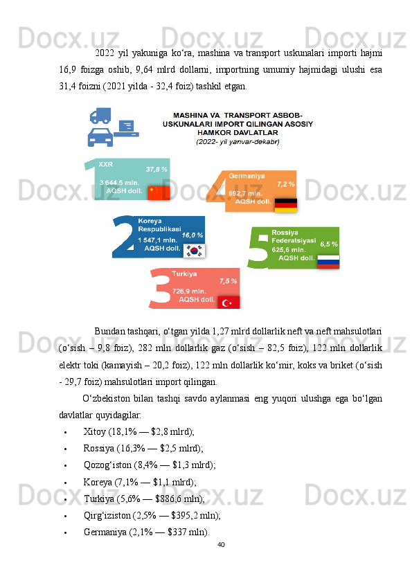 2022   yil   yakuniga   ko‘ra,   mashina   va   transport   uskunalari   importi   hajmi
16,9   foizga   oshib,   9,64   mlrd   dollarni,   importning   umumiy   hajmidagi   ulushi   esa
31,4 foizni (2021 yilda - 32,4 foiz) tashkil etgan.
Bundan tashqari, o‘tgan yilda 1,27 mlrd dollarlik neft va neft mahsulotlari
(o‘sish   –   9,8   foiz),   282   mln   dollarlik   gaz   (o‘sish   –   82,5   foiz),   122   mln   dollarlik
elektr toki (kamayish – 20,2 foiz), 122 mln dollarlik ko‘mir, koks va briket (o‘sish
- 29,7 foiz) mahsulotlari import qilingan.  
            O‘zbekiston   bilan   tashqi   savdo   aylanmasi   eng   yuqori   ulushga   ega   bo‘lgan
davlatlar quyidagilar:
 Xitoy (18,1% — $2,8 mlrd);
 Rossiya (16,3% — $2,5 mlrd);
 Qozog‘iston (8,4% — $1,3 mlrd);
 Koreya (7,1% — $1,1 mlrd);
 Turkiya (5,6% — $886,6 mln);
 Qirg‘iziston (2,5% — $395,2 mln);
 Germaniya (2,1% — $337 mln).
40 